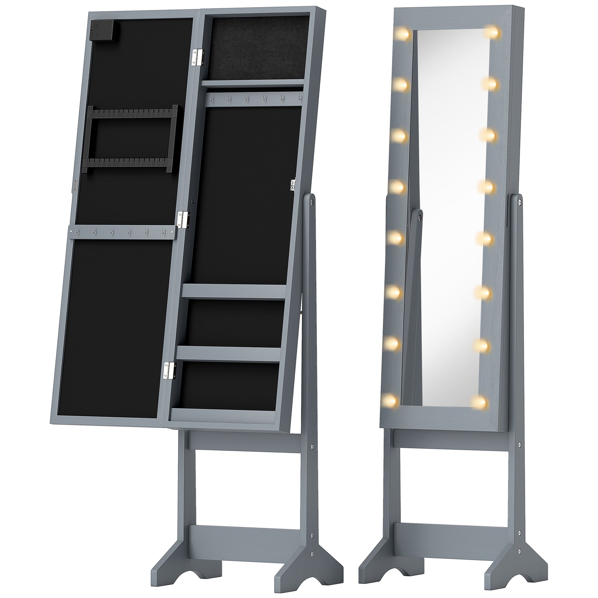 HOMCOM Free Standing Mirror Jewelry Cabinet with LED Lights, Jewellery Organiser with 3 Angle Adjustable, Full-Length Mirror with Storage for Earrings, Necklaces, Rings and Lipsticks, Grey
