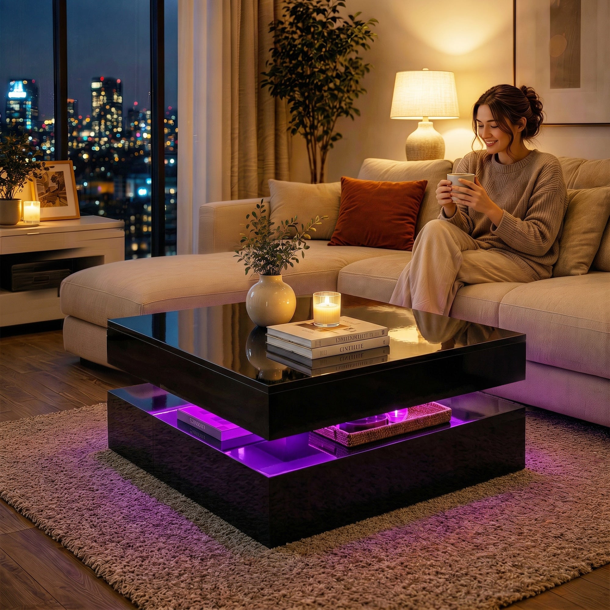 HOMCOM LED Coffee Table with Storage, 2-Tier Modern Centre Table with Open Shelf and Remote for Living Room, High Gloss Black