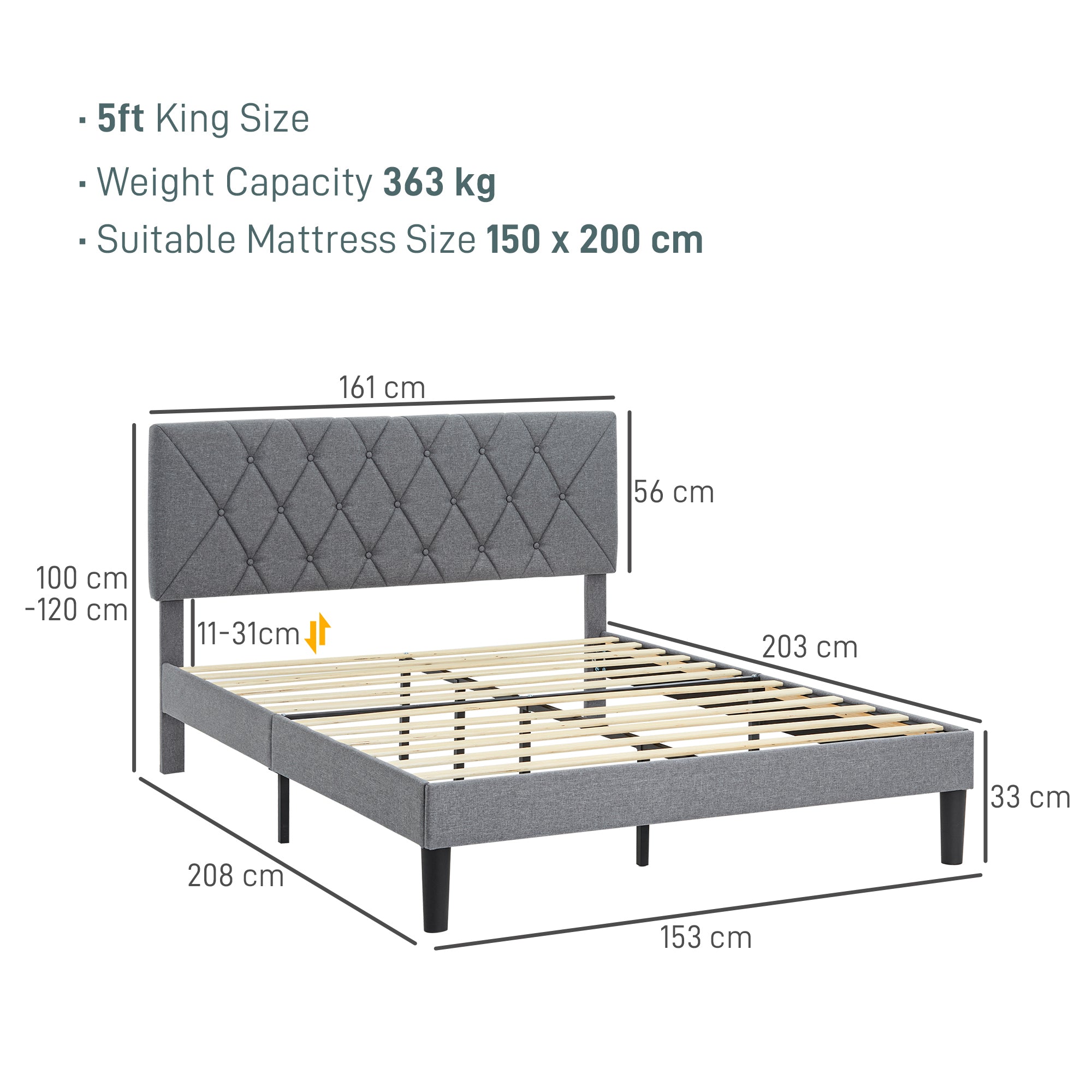HOMCOM King Size Padded Fabric Headboard Bed Frame - Grey - North Peak Garden Furniture
