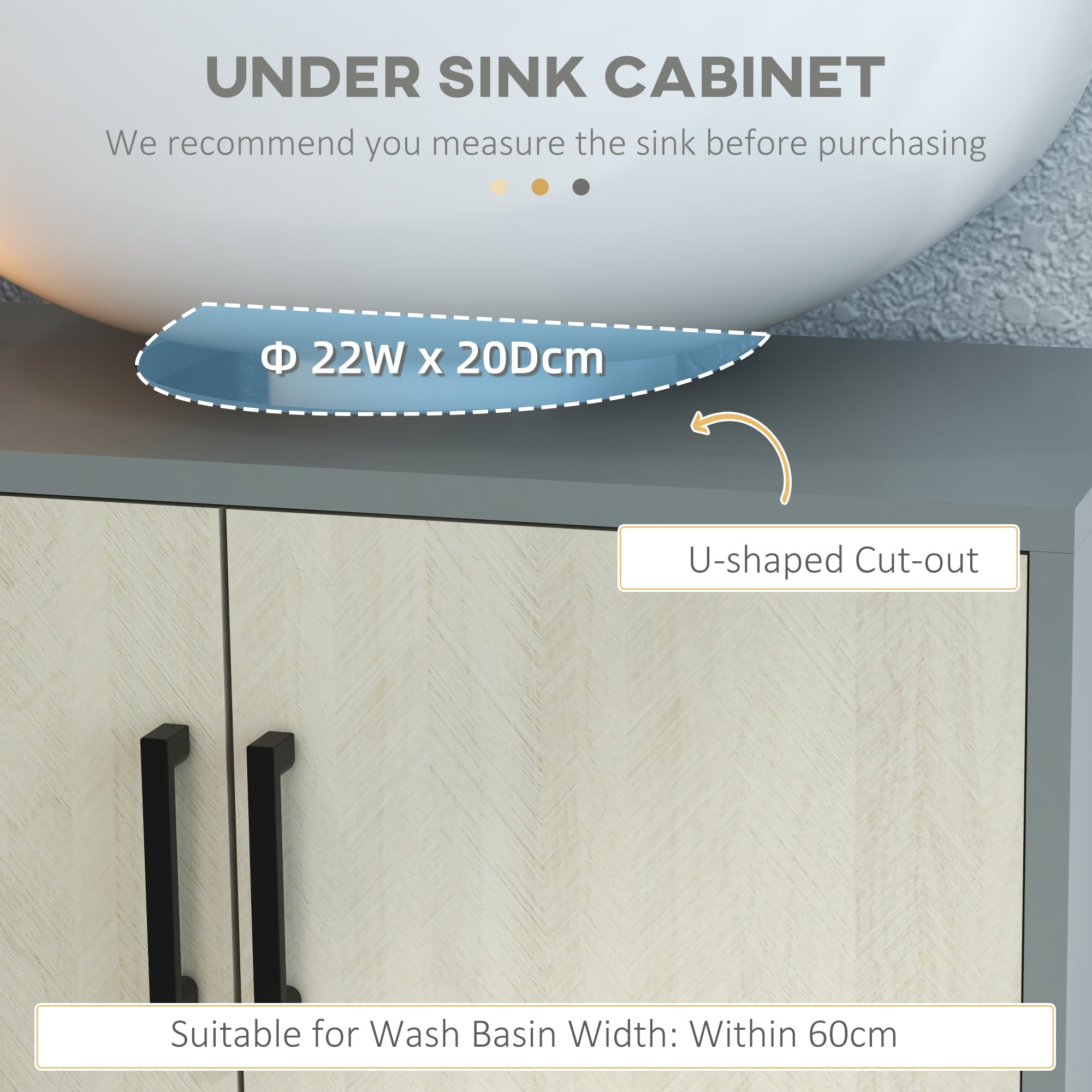 kleankin Under Sink Cabinet, Bathroom Vanity Unit, Storage Cupboard with Double Doors and Storage Shelves, 60x30x60cm, Natural - North Peak Garden Furniture