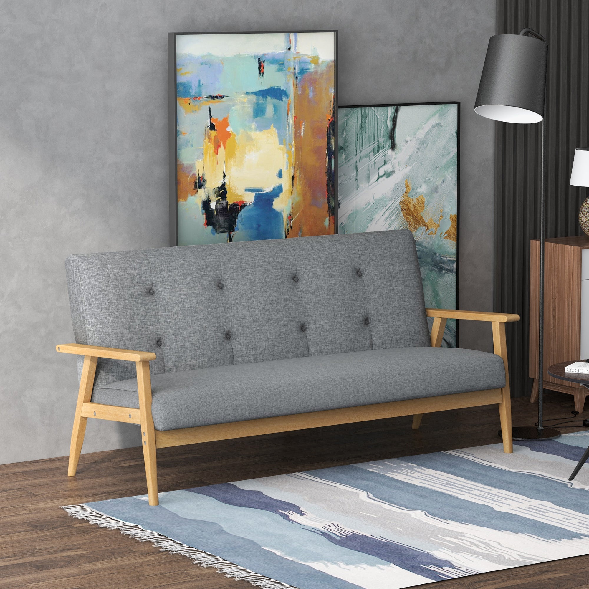 HOMCOM Modern 3 Seater Sofa Linen Fabric Upholstery Tufted Couch with Rubberwood Legs Dark Grey - North Peak Garden Furniture