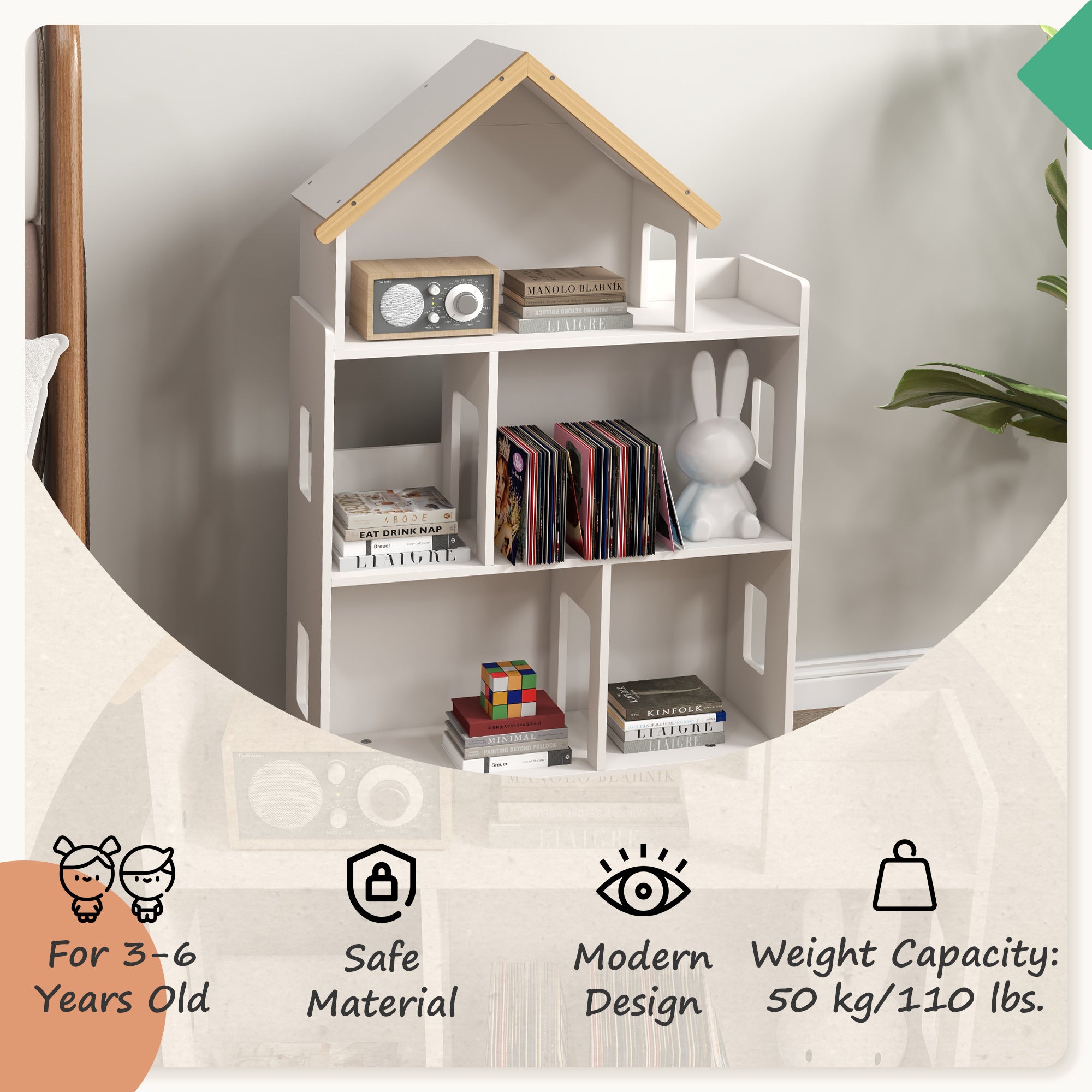 ZONEKIZ Three-Tier Toy Storage Shelf, Kids Bookcase, with Six Cubes, for Playroom, Bedroom - White - North Peak Garden Furniture