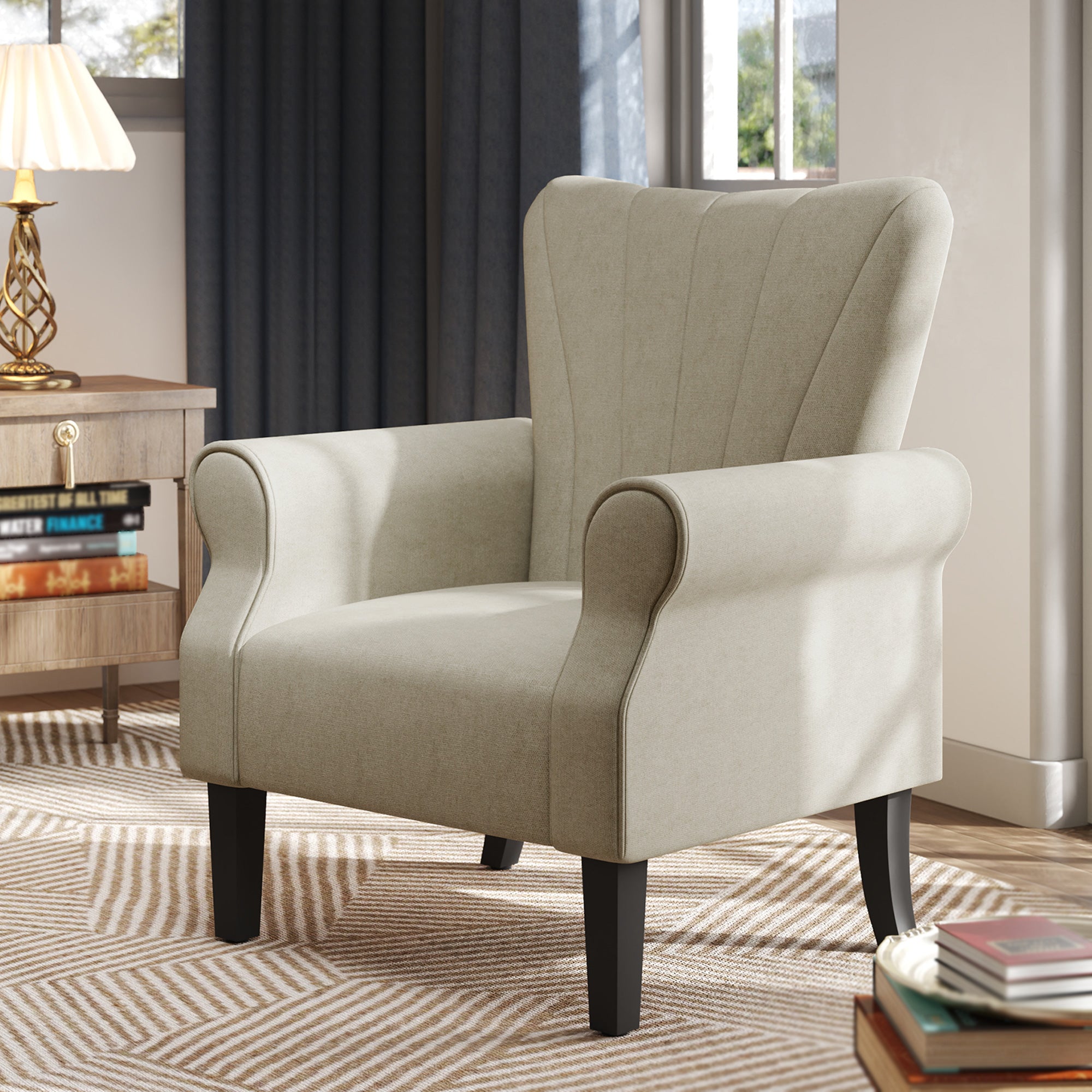 HOMCOM Upholstered Accent Chair with High Back, Rolled Arms and Wood Legs, Soft Thick Padded Armchair, Beige