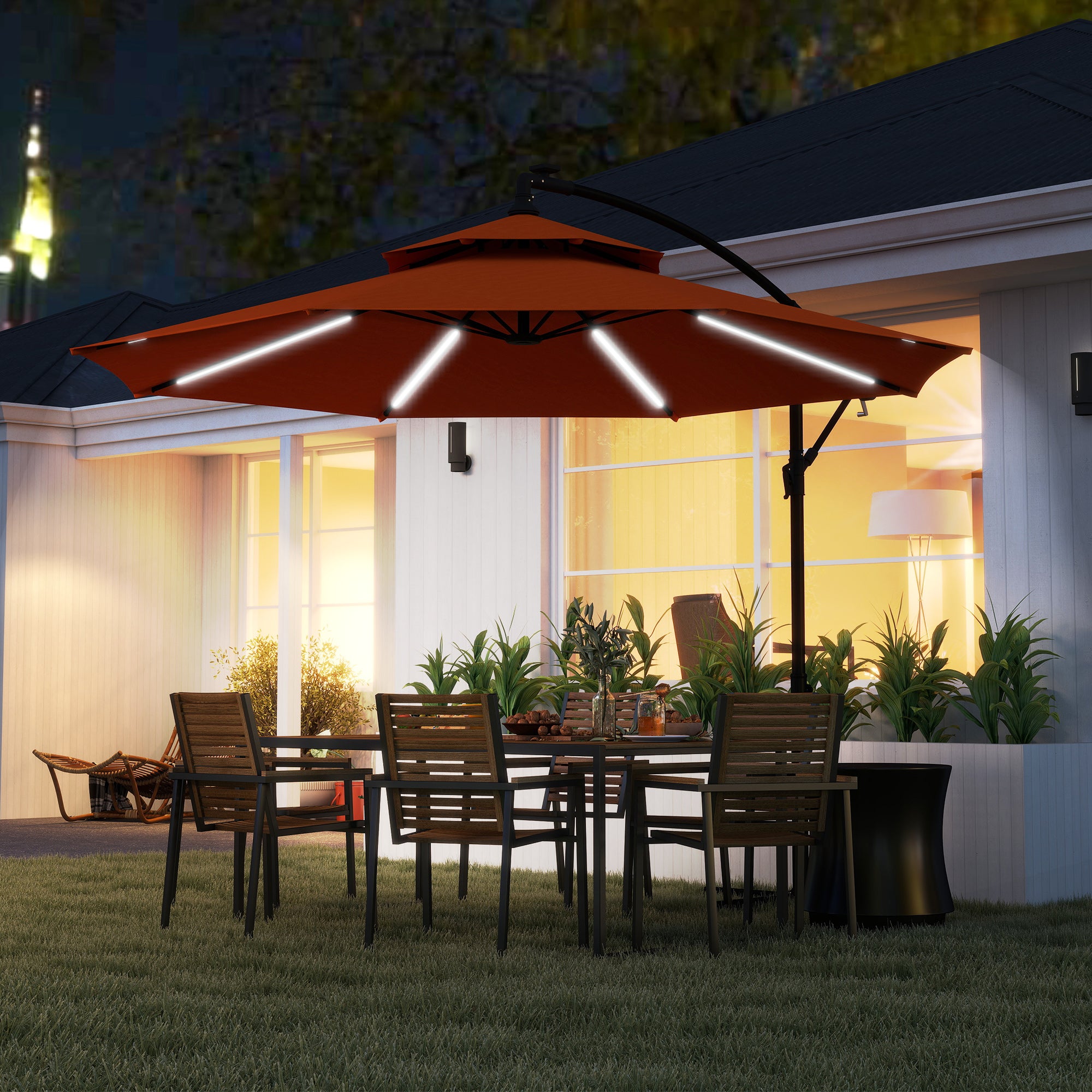 Outsunny 3m LED Light Overhanging Parasol - Orange - North Peak Garden Furniture