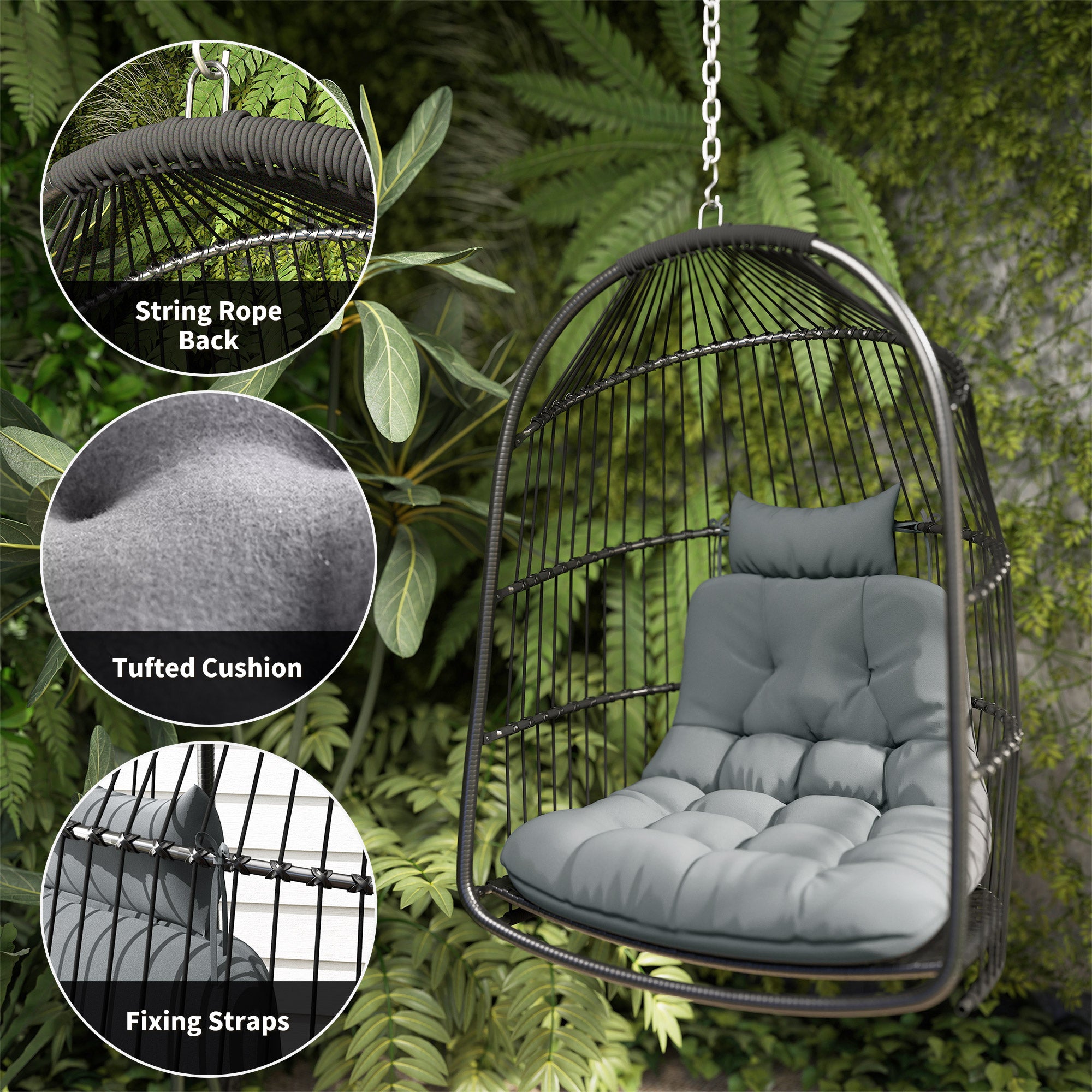 Outsunny Hanging Egg Chair, Foldable Rattan Garden Swing Chair with Installation Kit, Thickened Cushion and Headrest, Indoor Outdoor Hanging Egg Basket Seat for Patio, Porch, Dark Grey - North Peak Garden Furniture
