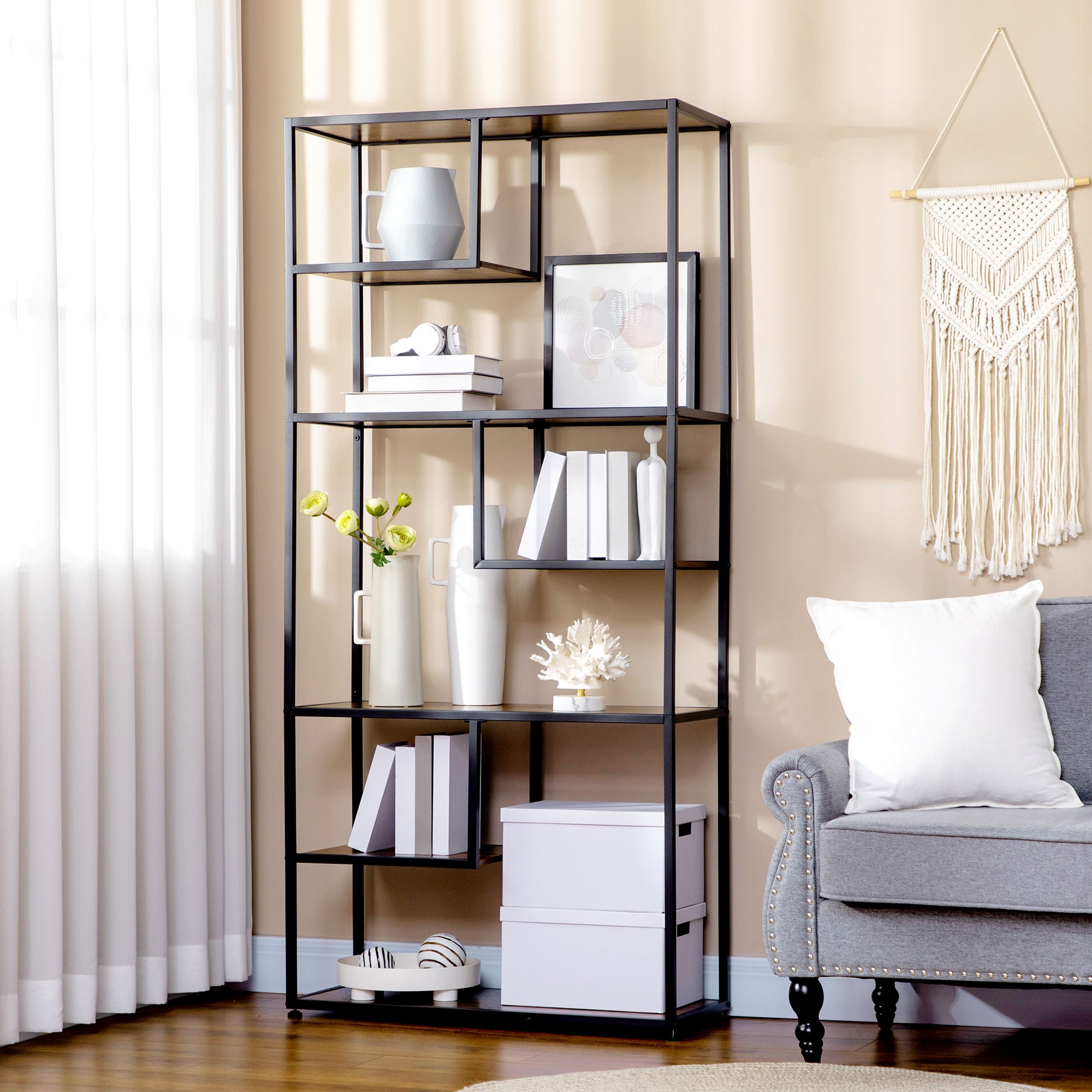 HOMCOM Industrial Bookcase Shelf, 7 Tier Metal Shelving, Storage Shelves for Living Room, Home Office, Bedroom, Rustic Brown - North Peak Garden Furniture
