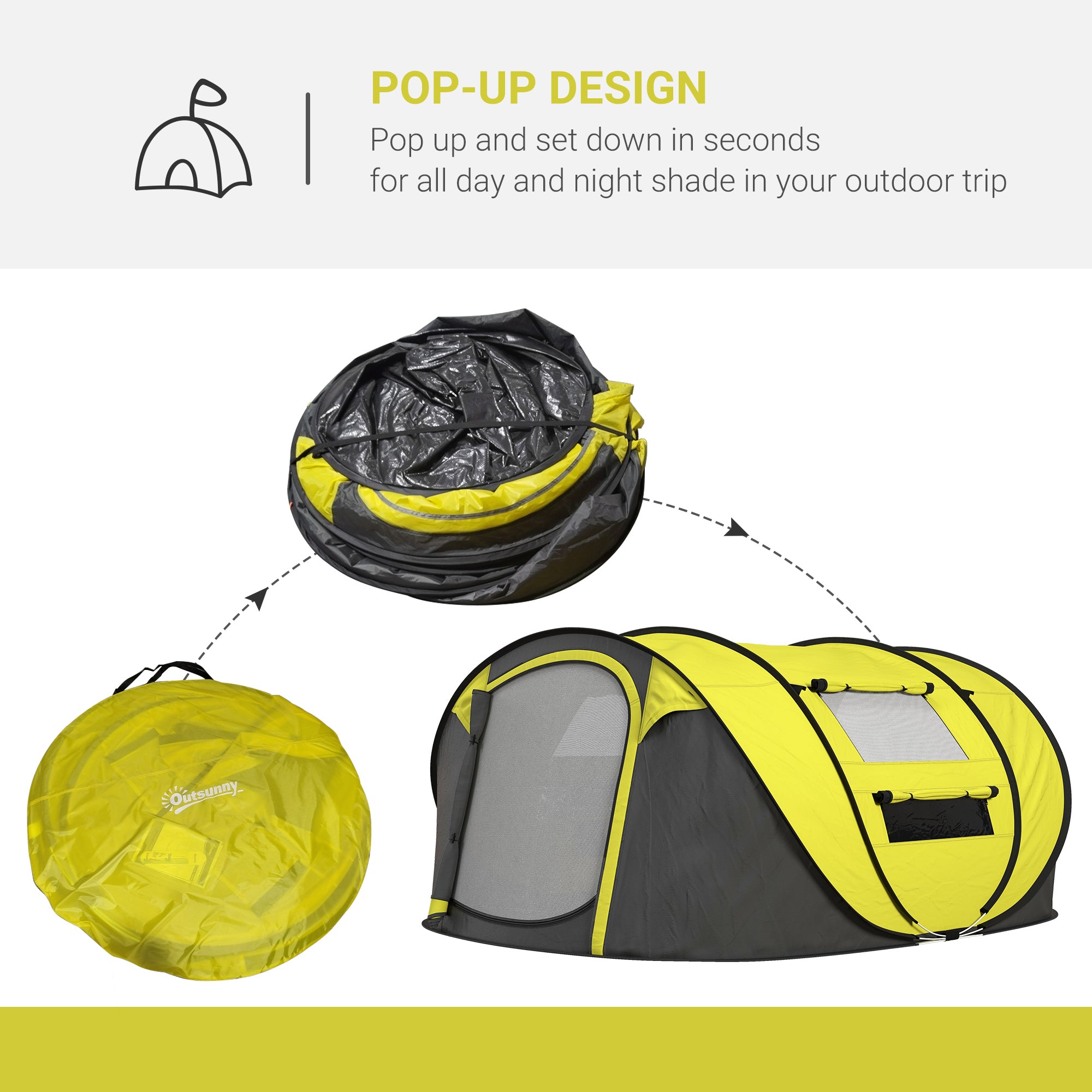 Outsunny 4-5 Person Pop-up Camping Tent Waterproof Family Tent w/ 2 Mesh Windows & PVC Windows Portable Carry Bag for Outdoor Trip, Yellow