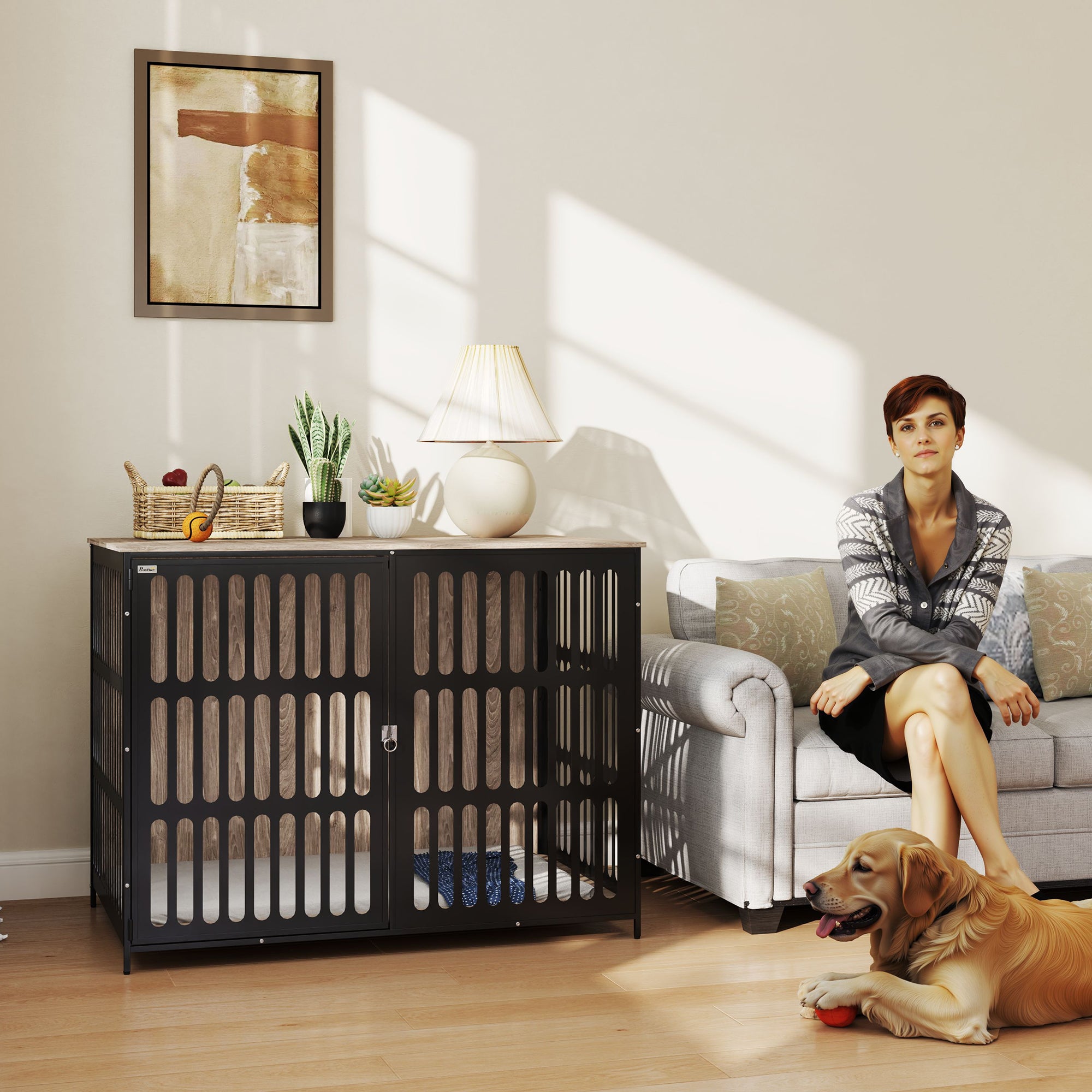 PawHut Dog Crate Furniture with Anti-Chew Resistant Mesh, Anti-Escape Single Door, for Extra Large Dogs, 118 x 80 x 92 cm - North Peak Garden Furniture