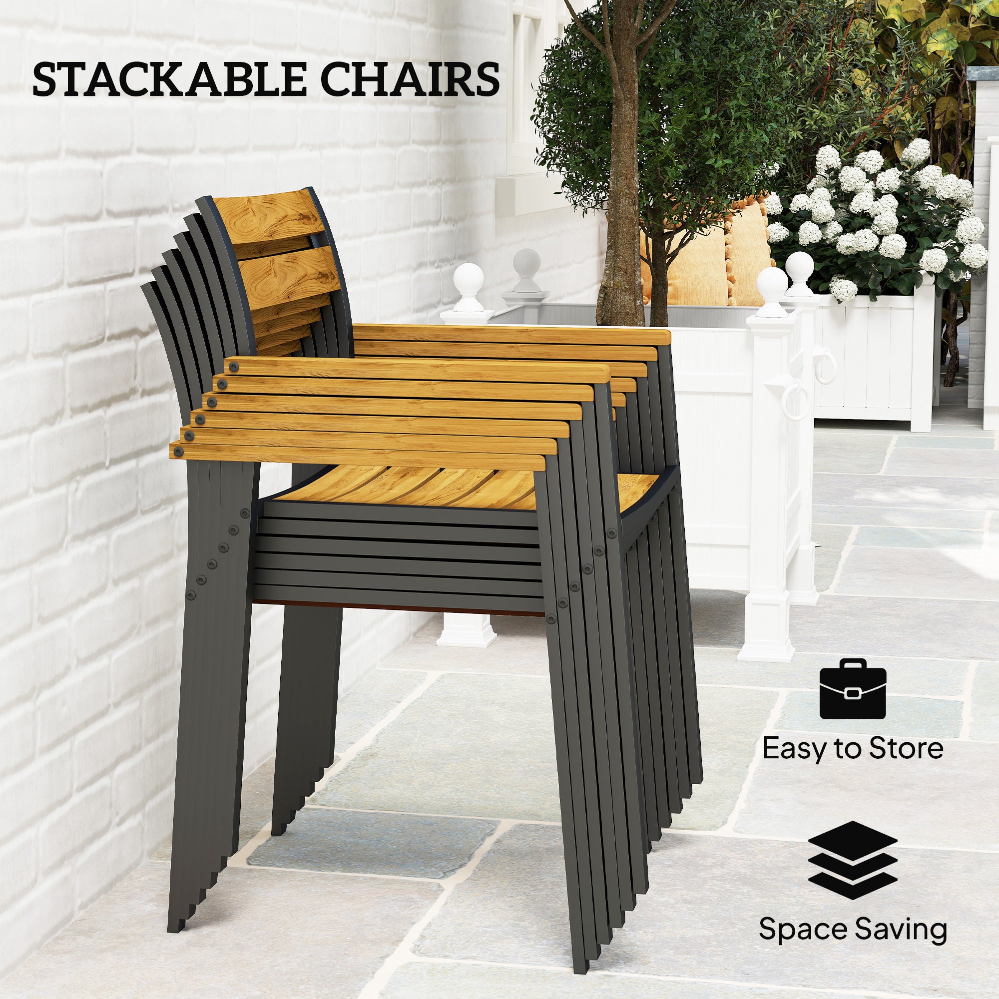 Outsunny Seven-Piece Wood Panel Patio Dining Set - Brown/Black - North Peak Garden Furniture