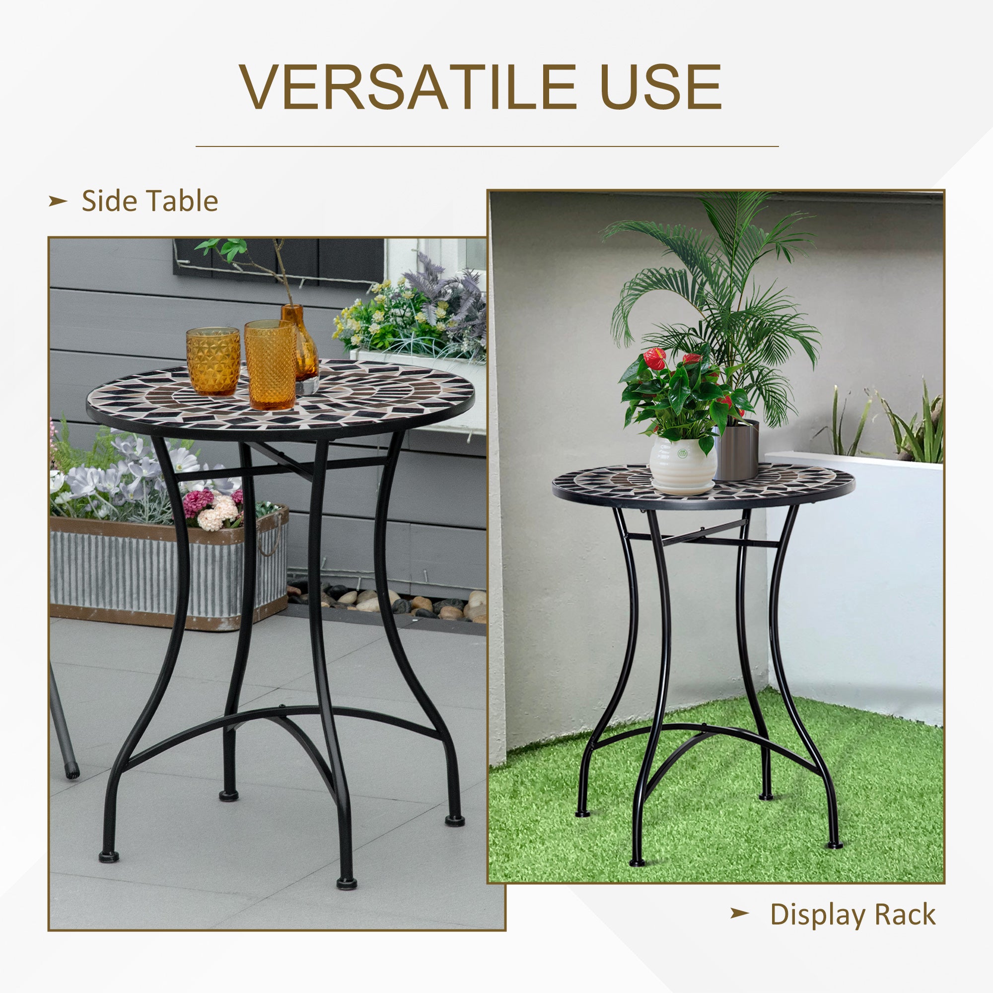 Outsunny Φ60cm Mosaic Outdoor Patio Table - Black - North Peak Garden Furniture