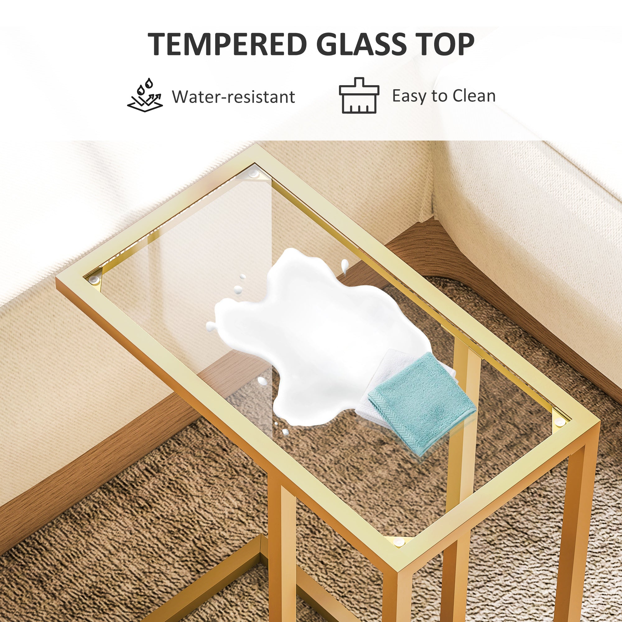 HOMCOM C-Shaped Side Table, Modern Slim End Table with Tempered Glass Tabletop, Steel Frame for Small Space, Living Room, Bedroom, Gold Tone - North Peak Garden Furniture