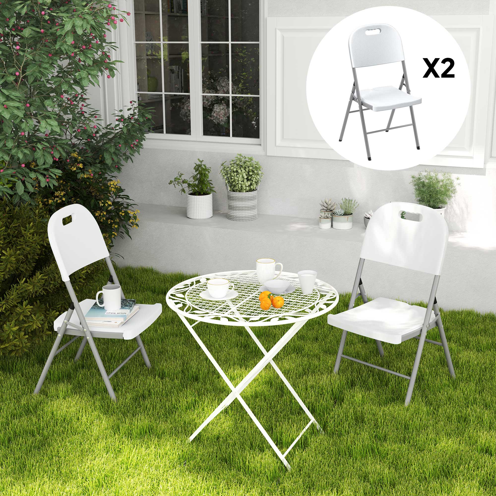 Outsunny Folding Chair Set of 2 with Steel Frame, Outdoor Chair Set with HDPE Backrest, Seat and Handles for Mobility, Garden Chair Set for Patio Deck Balcony, White