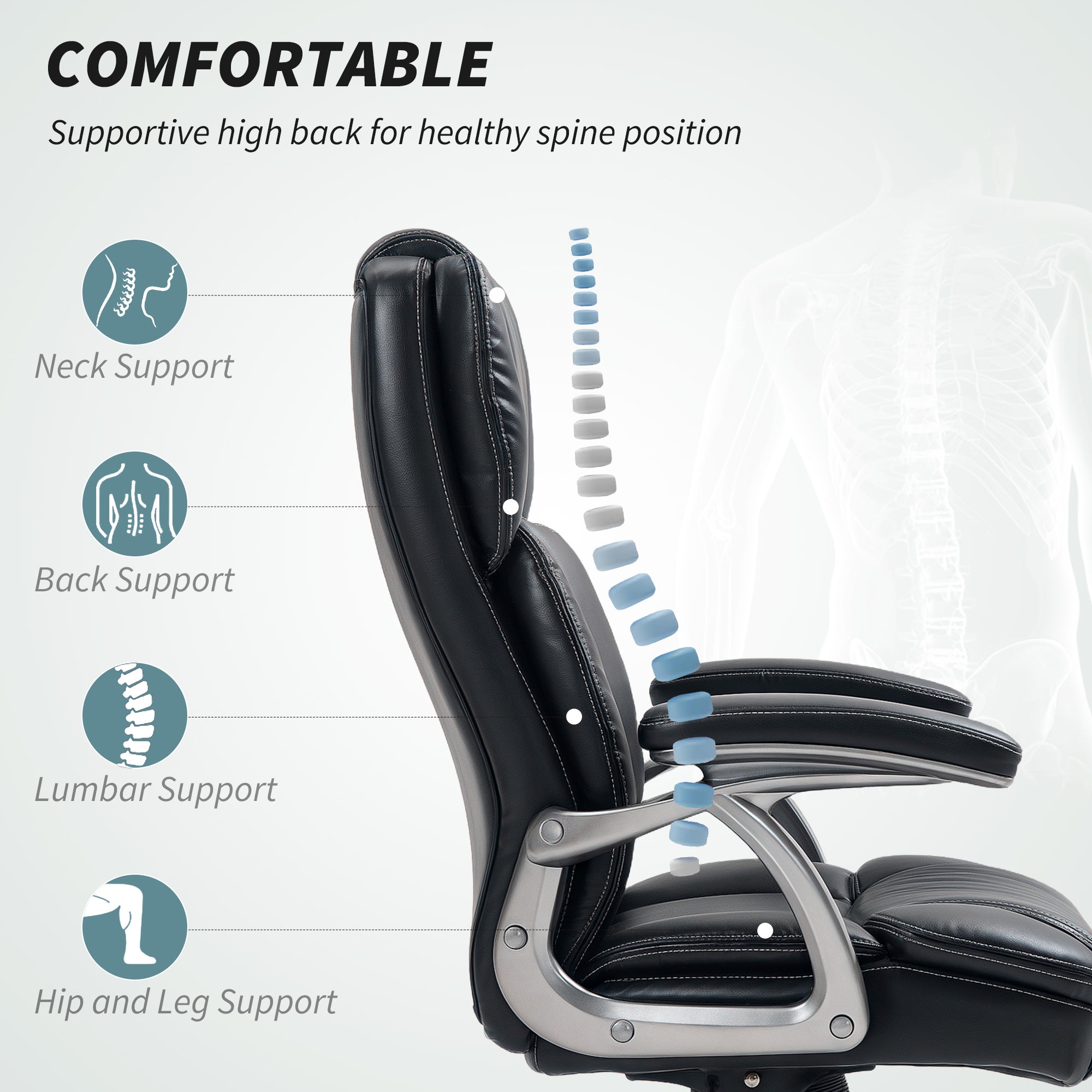 HOMCOM Executive Office Chair, PU Leather Desk Chair with Adjustable Height, Swivel Computer Chair with Tilt Function for Home Office, Black - North Peak Garden Furniture