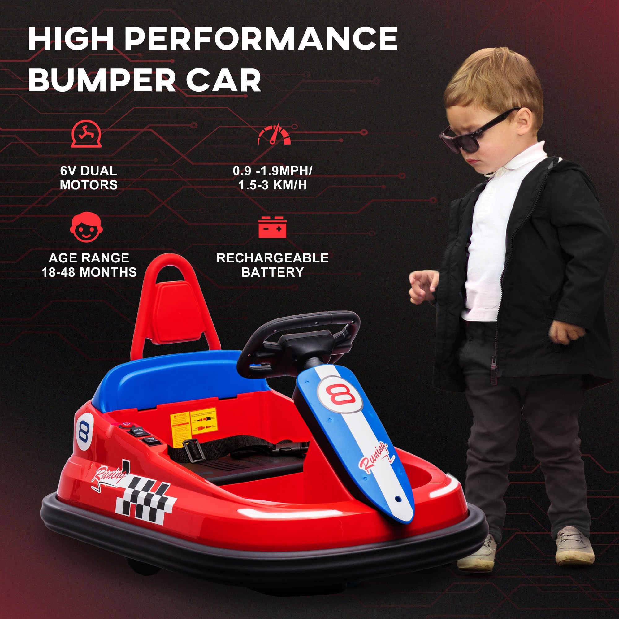 HOMCOM 6V Electric Kids Bumper Car, 6V Spin Waltz Car, with Music, Horn, Lights - Red - North Peak Garden Furniture