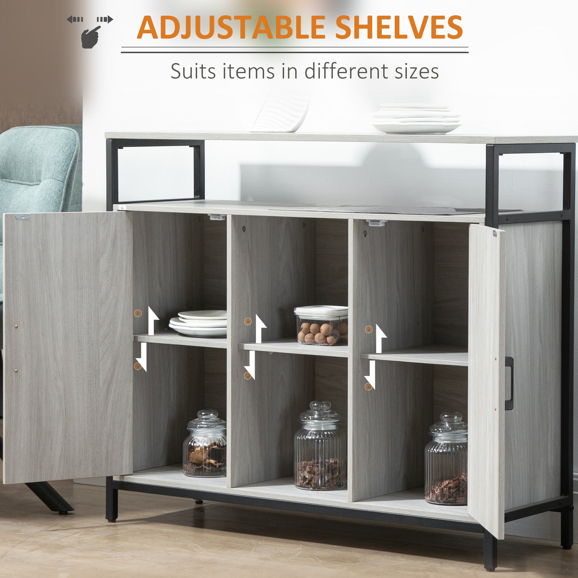 HOMCOM Modern Sideboard, Steel Frame Storage Cabinet with 2 Doors and Adjustable Shelves for Living Room, Hallway, Light Grey - North Peak Garden Furniture