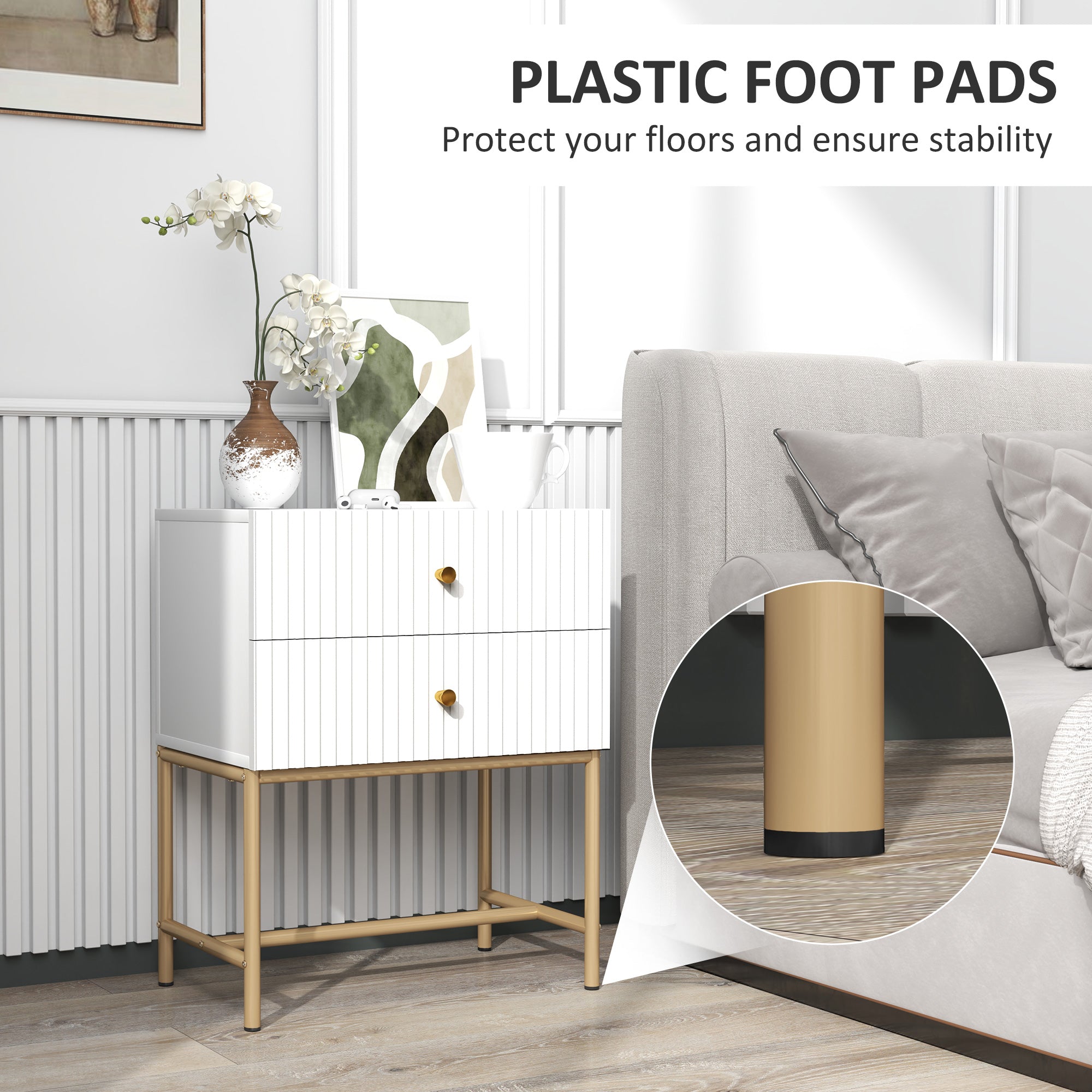 HOMCOM Elegant Two-Drawer Bedside Table - White - North Peak Garden Furniture