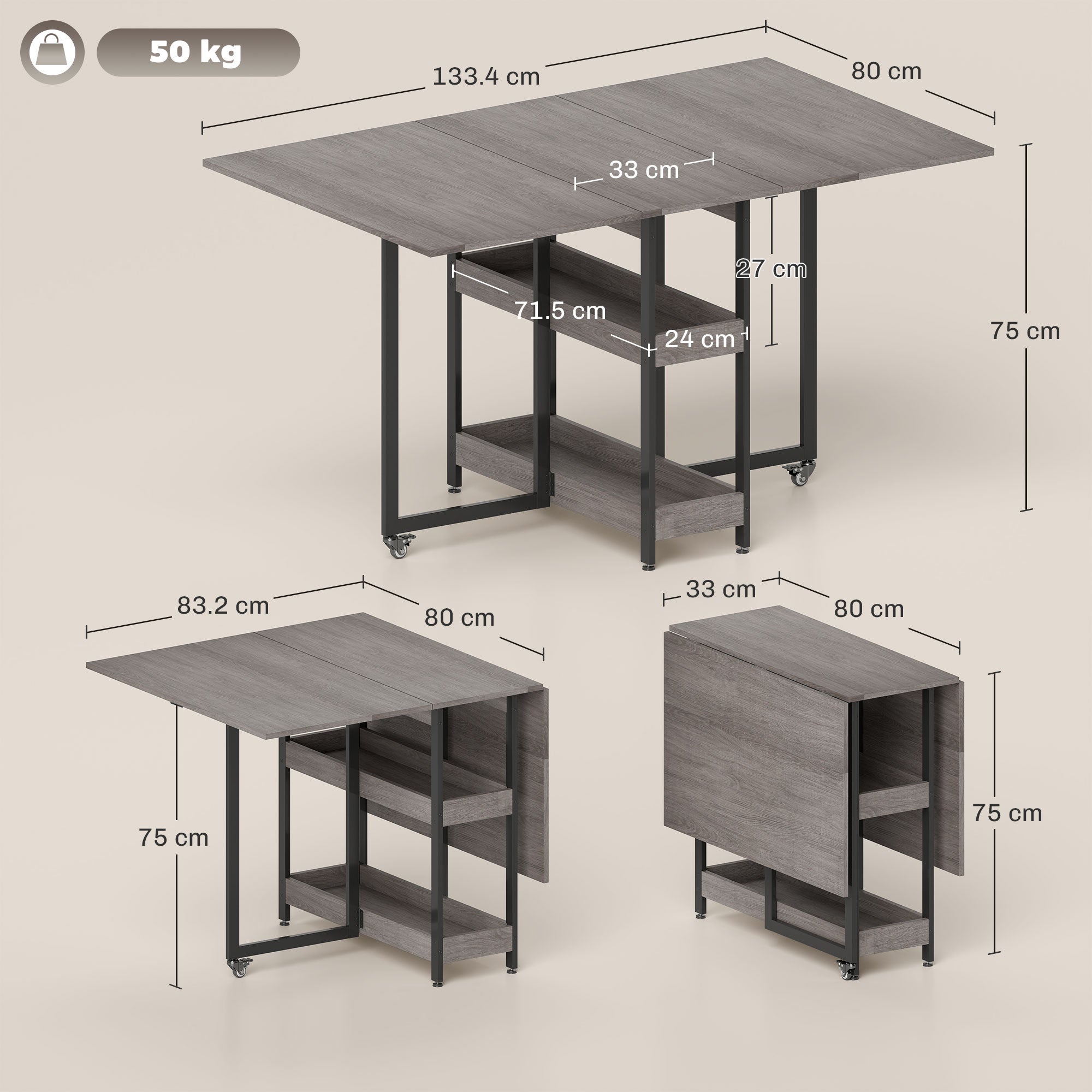 HOMCOM Industrial Folding Dining Table, Drop Leaf Table with Open Compartments for Small Spaces, Kitchen, Dining Room, Grey - North Peak Garden Furniture