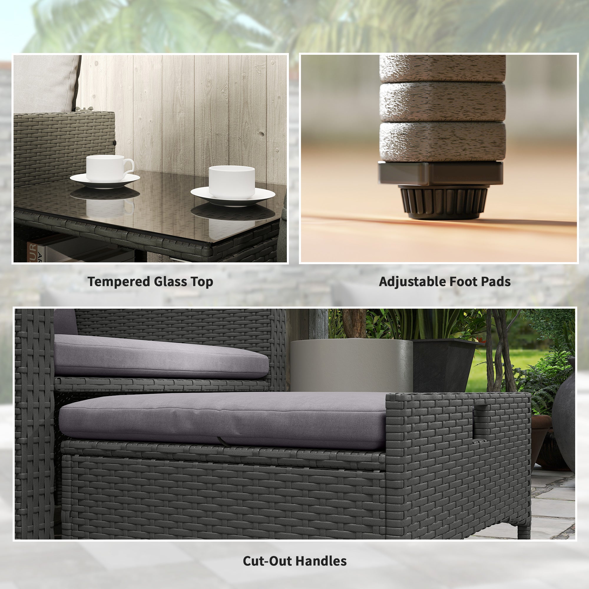 Outsunny Five Piece Rattan Garden Furniture Set with 2-Tier Coffee Table and Ottomans - Grey - North Peak Garden Furniture