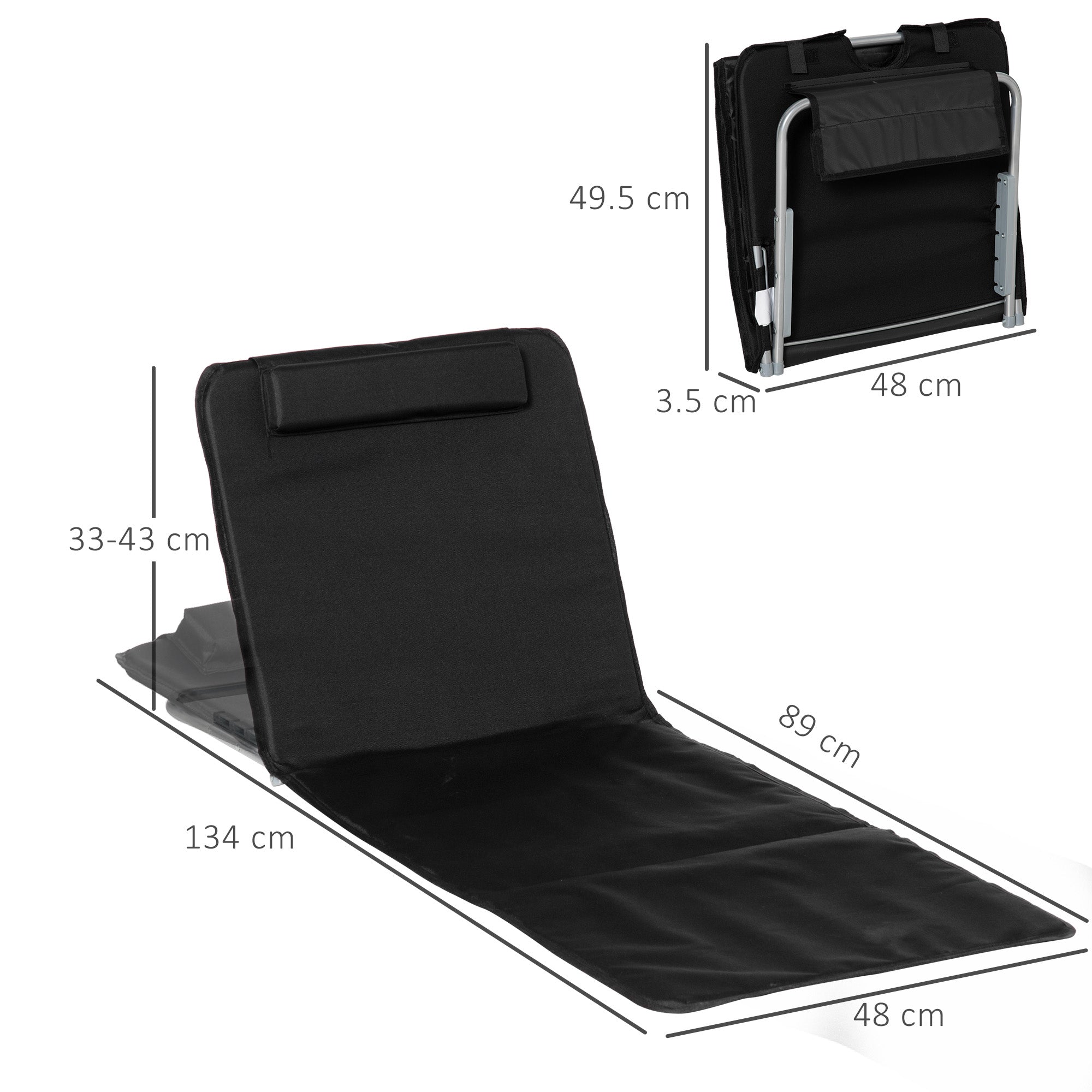 Outsunny Set of 2 Foldable Garden Beach Chair Mat Lightweight Outdoor Sun Lounger Seats Adjustable Back Metal Frame PE Fabric Head Pillow w/ Carry Bag, Black - North Peak Garden Furniture