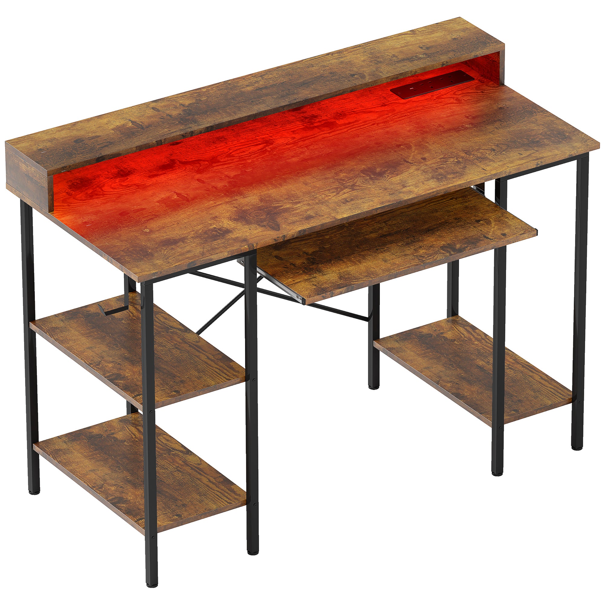 HOMCOM Reversible Computer Desk with LED Lights and Power Outlets, 120 x 55 cm Gaming Desk with Monitor Stand, Sliding Keyboard Tray and Storage Shelves, Industrial Home Office Desk, Rustic Brown - North Peak Garden Furniture