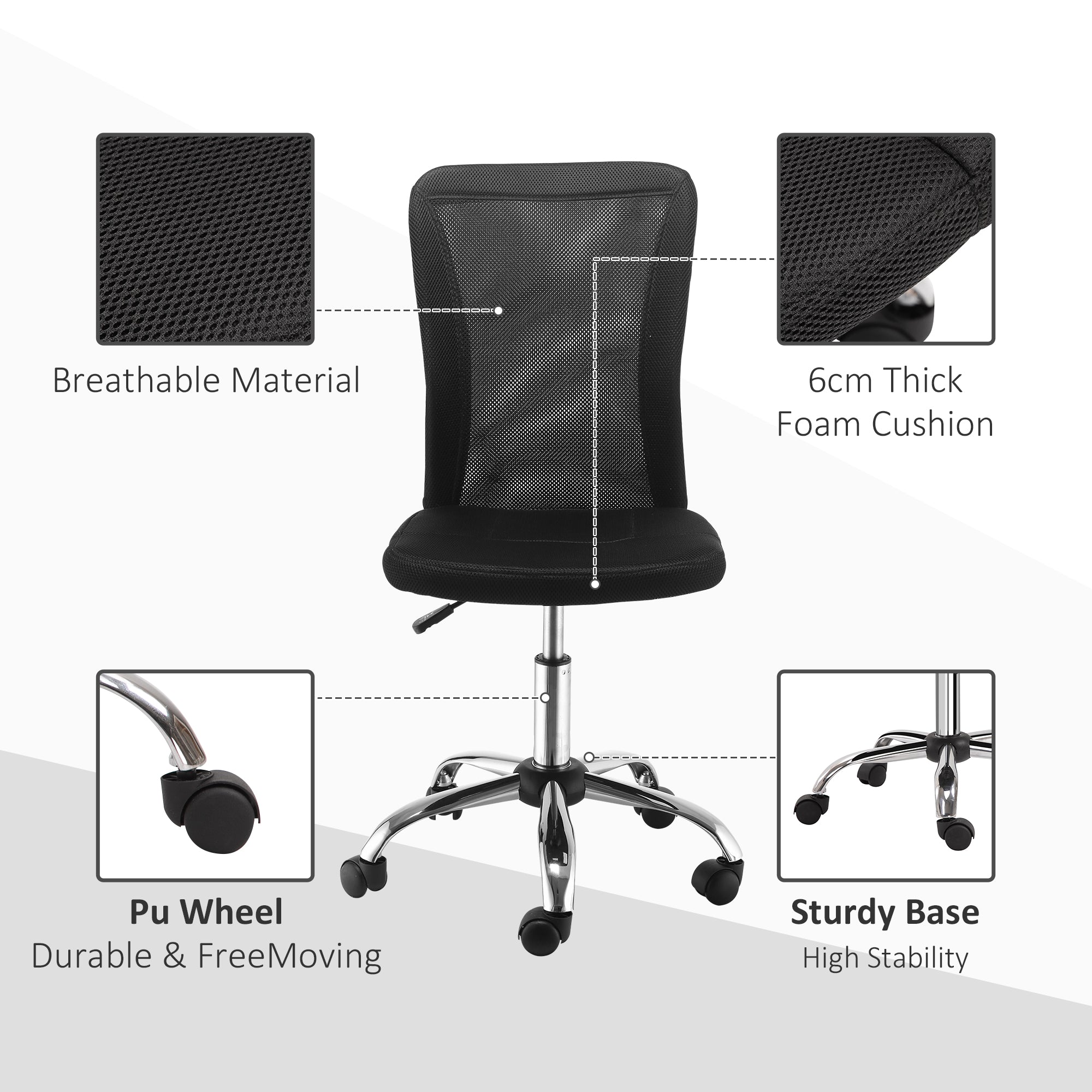 Vinsetto Office Chair, Armless Desk Chair, Adjustable Computer Swivel Chair with Rolling Wheels and Mesh Back for Home Work Study, Black - North Peak Garden Furniture