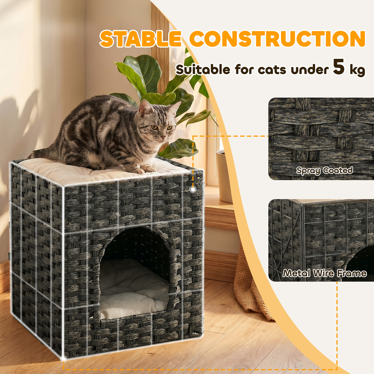PawHut 2-Tier Wicker Cat House, Handwoven Rattan Cat Bed with Washable Cushions, Indoor Kitten Condo Hideaway
