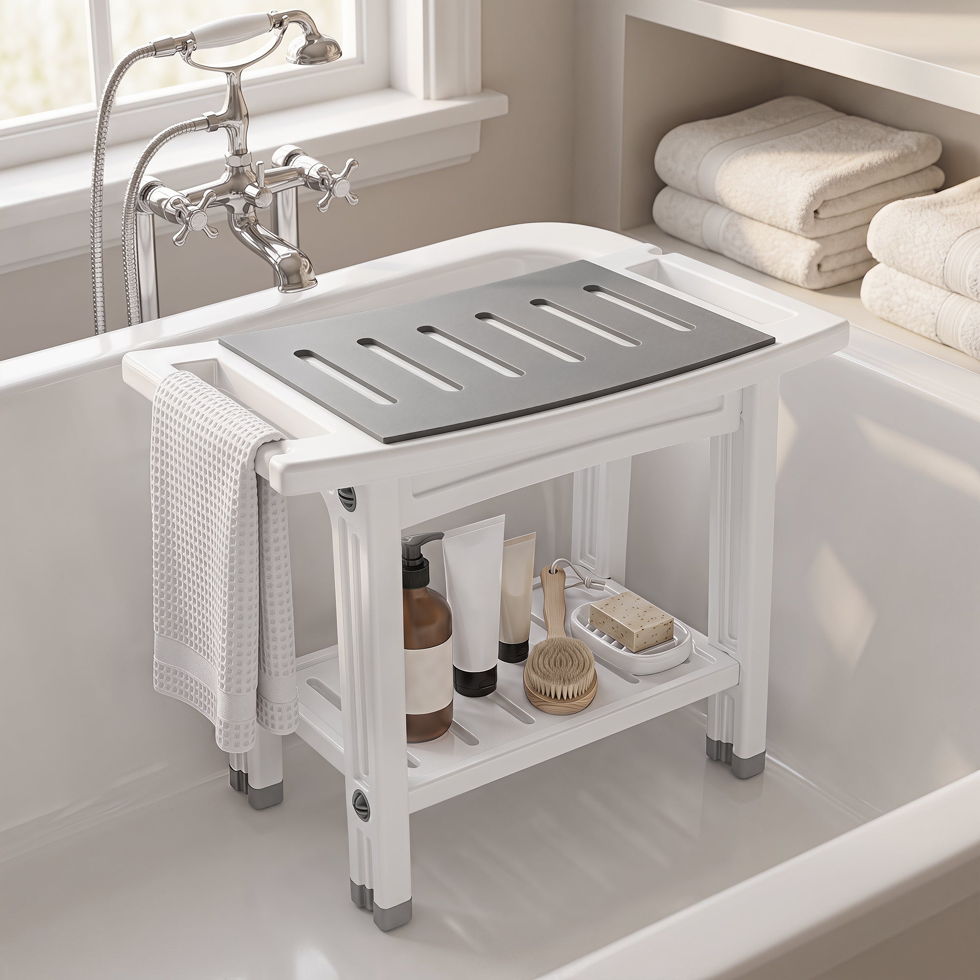 HOMCOM Shower Bench 2-Tier Shower Stool Bathroom with Shelf White and Grey