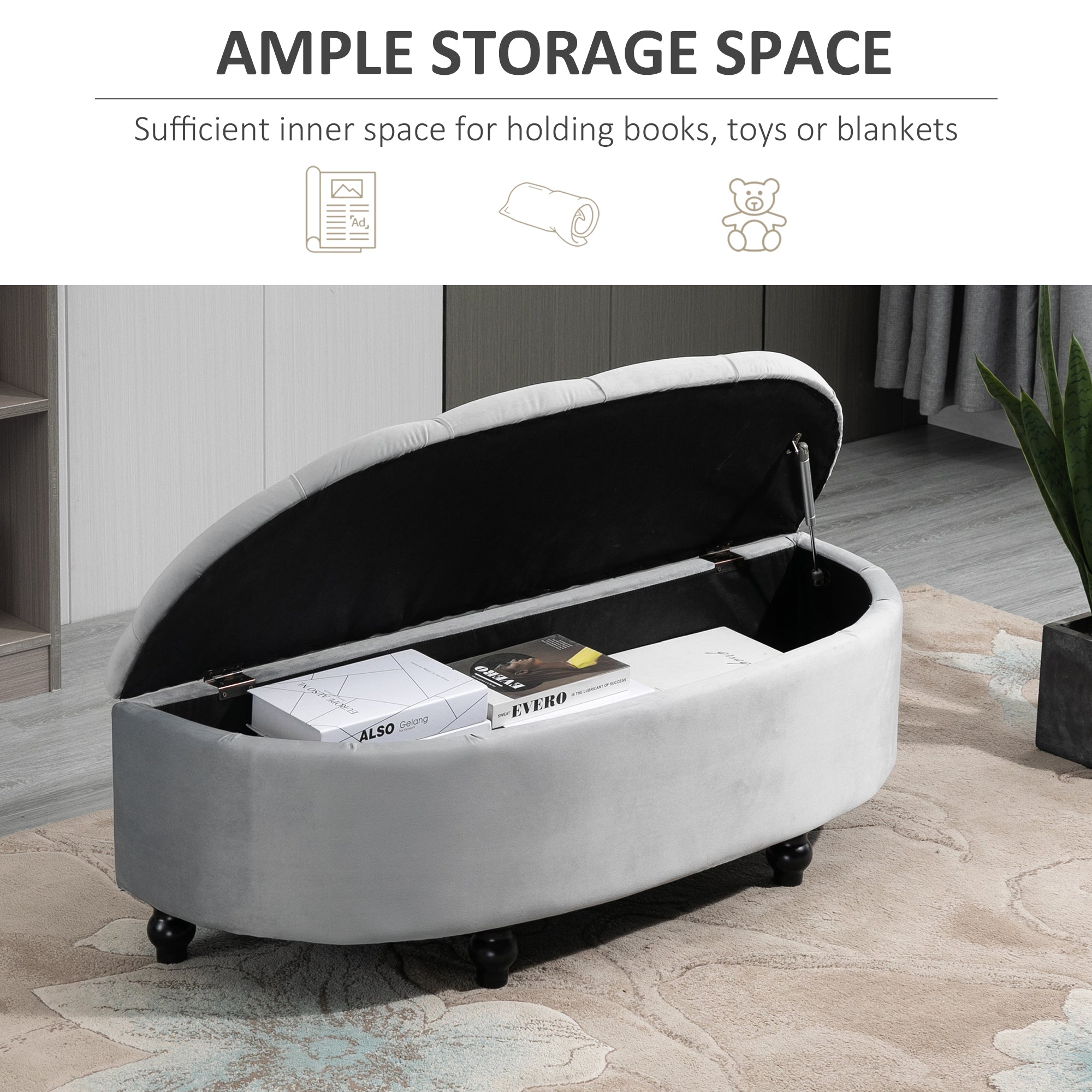 HOMCOM Semi-Circle Bed End Bench Ottoman with Storage Tufted Upholstered Accent Seat Footrest Stool with Rubberwood Legs for Bedroom & Entryway, Light Grey - North Peak Garden Furniture