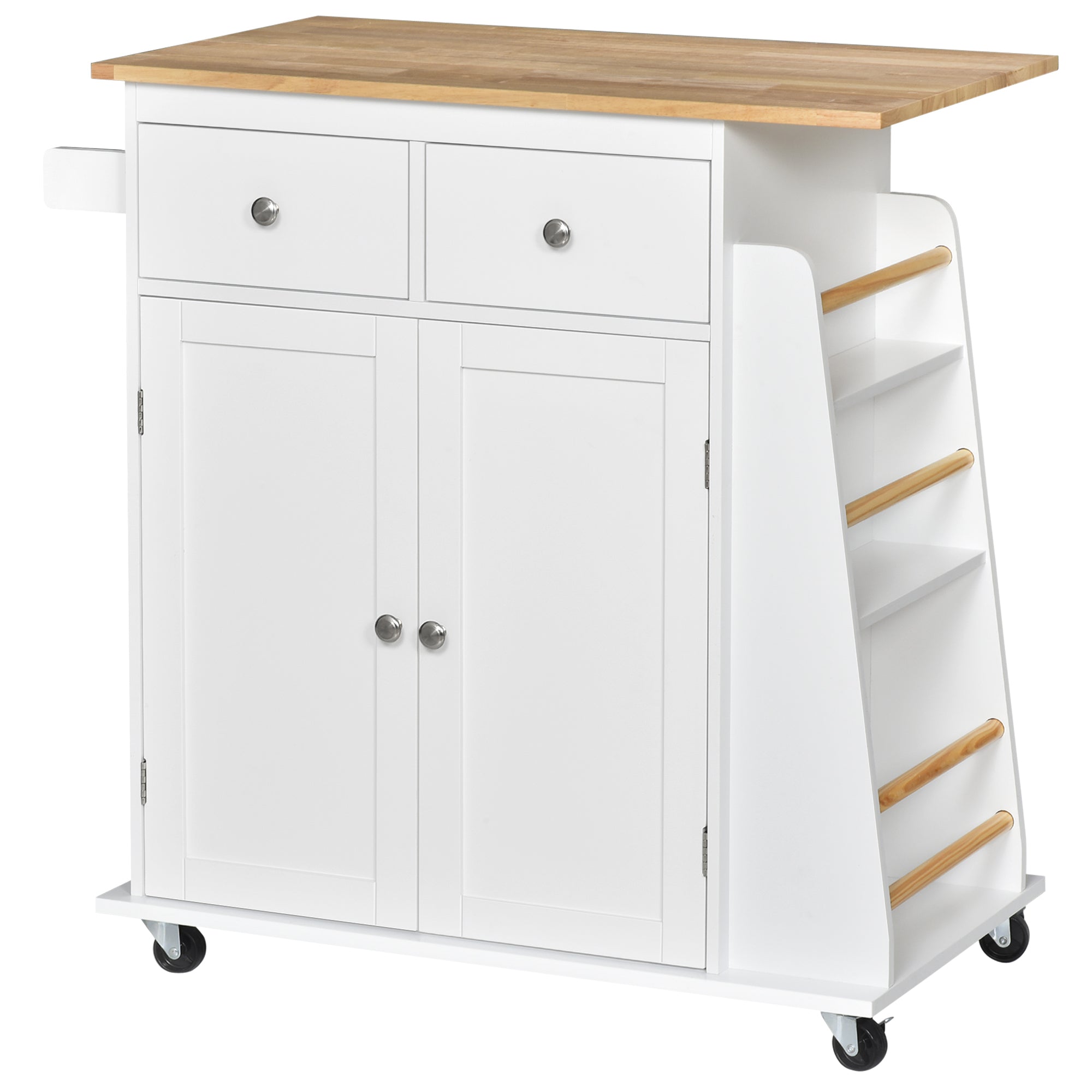 HOMCOM Kitchen Island Storage Cabinet Rolling Trolley with Rubber Wood Top, 3-Tier Spice Rack, Large Cabinet & Drawers - North Peak Garden Furniture