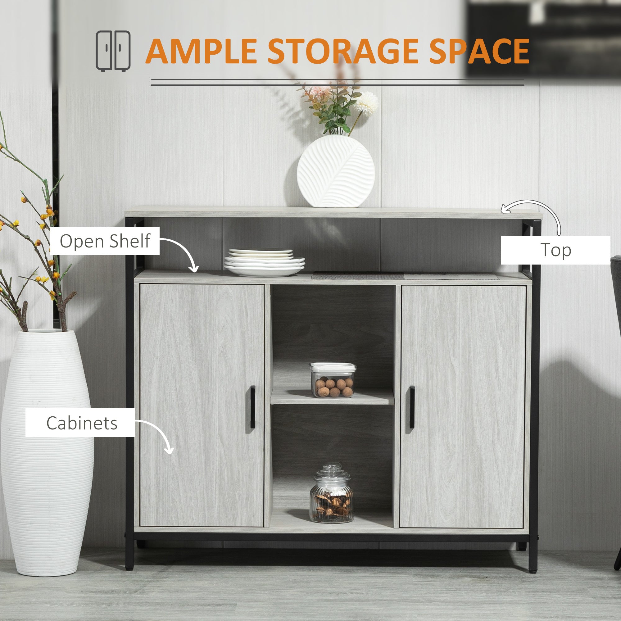 HOMCOM Modern Sideboard, Steel Frame Storage Cabinet with 2 Doors and Adjustable Shelves for Living Room, Hallway, Light Grey - North Peak Garden Furniture