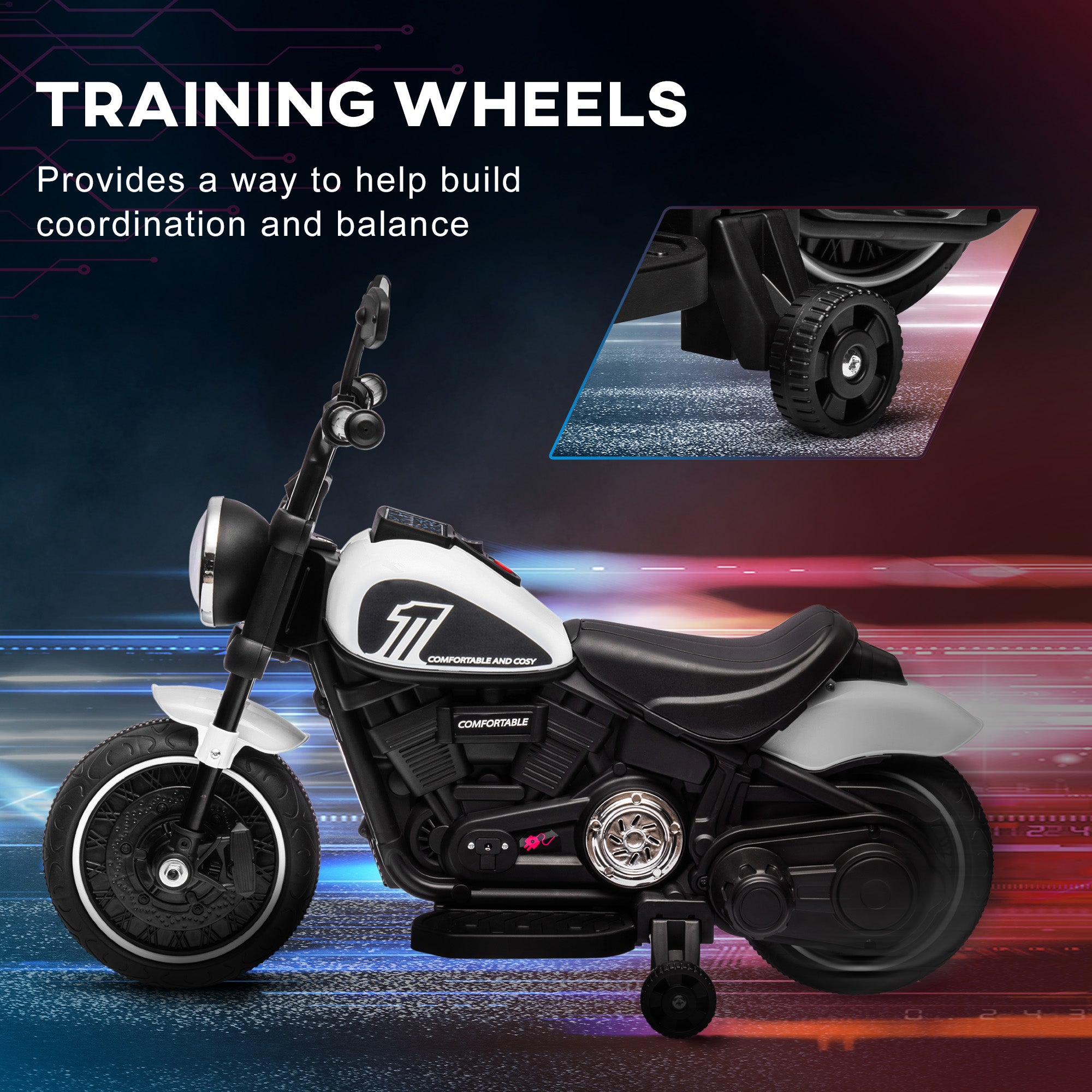 HOMCOM 6v Electric Motorbike with Training Wheels, One-Button Start - White - North Peak Garden Furniture