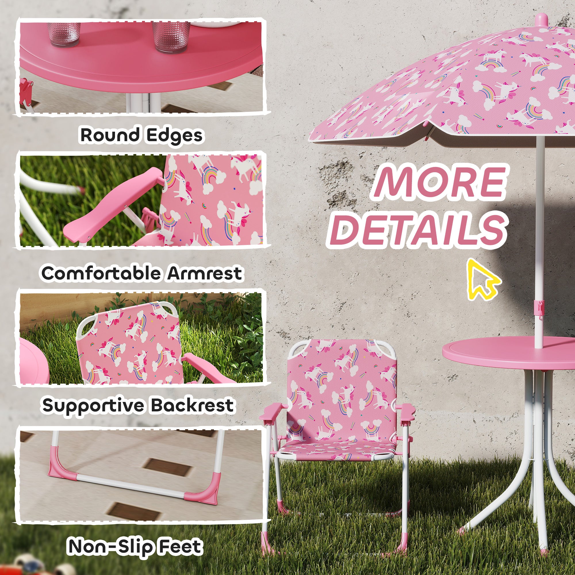 AIYAPLAY Kids Patio Table and Chair Set, Kids Garden Furniture with Umbrella, 4-Piece Bistro Set for Garden, Pink