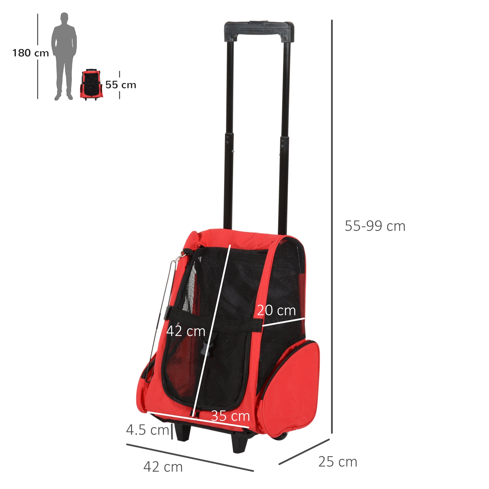 PawHut Pet Backpack Trolley: Telescopic Handle Carrier for Furry Friends on the Go, Crimson Red, 42 x 25 x 55 cm