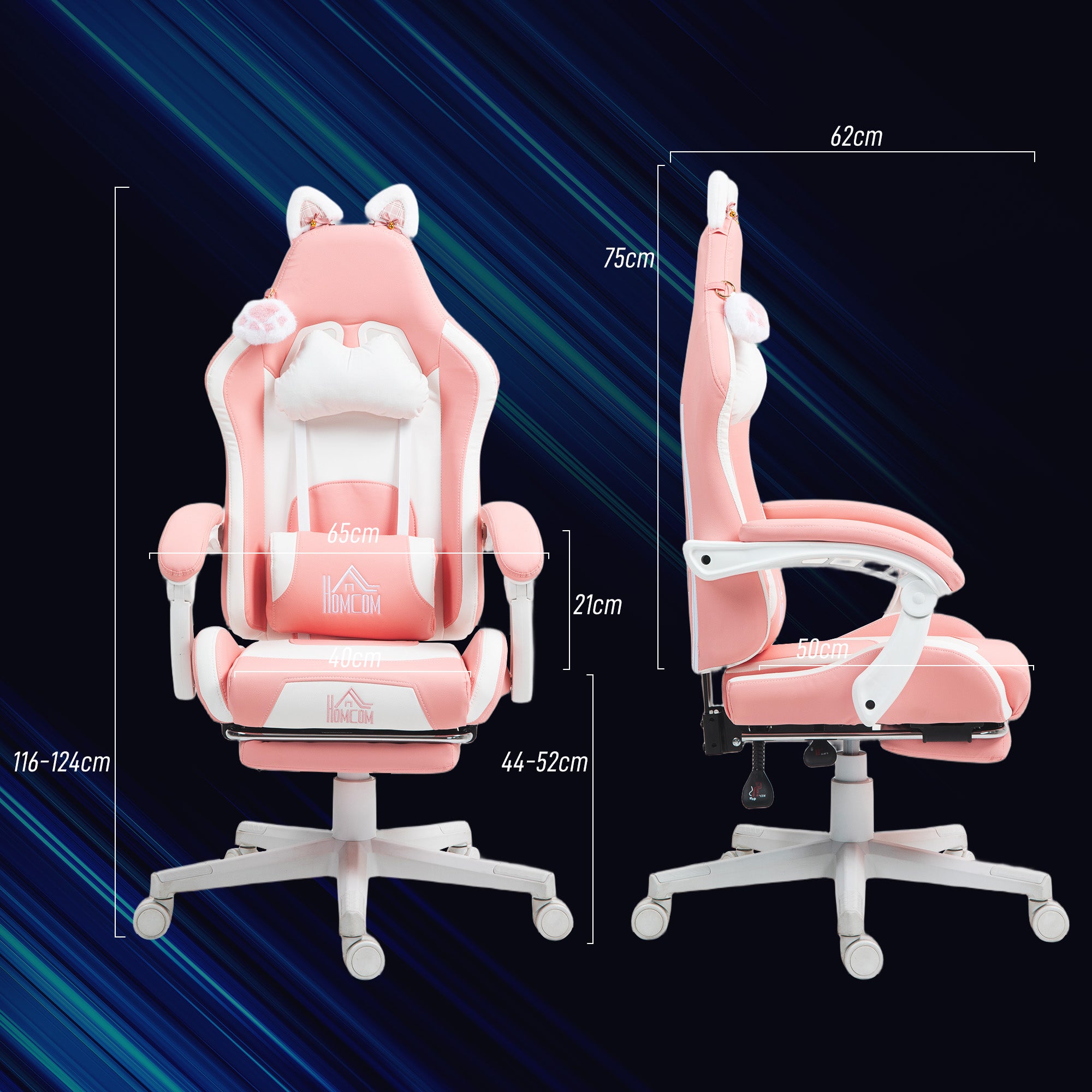 HOMCOM Cat Ear and Paw Reclining Office Chair, with Footrest - Pink/White - North Peak Garden Furniture