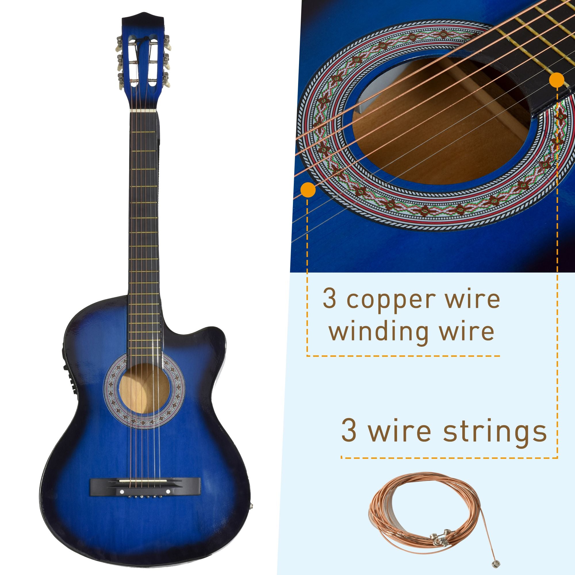 HOMCOM 38 Inch Full Size Blue Classical Acoustic Electric Guitar Kids Guitar and Junior Guitar Premium Gloss Finish w/Case - Blue - North Peak Garden Furniture