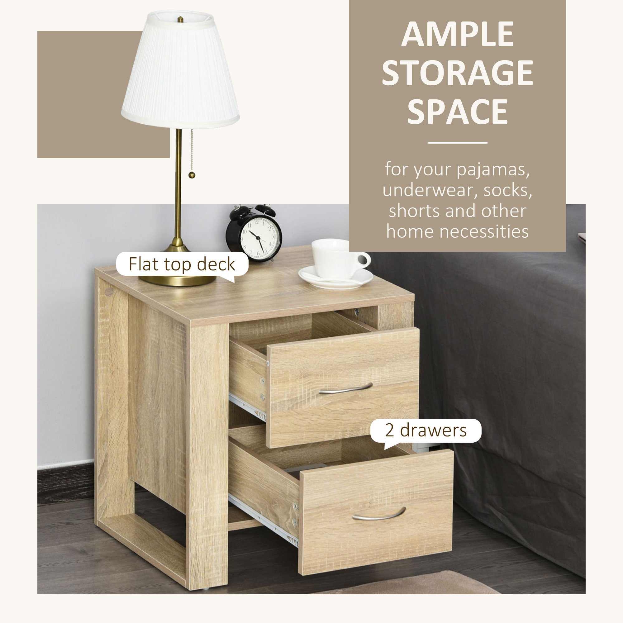 HOMCOM Bedside Cabinet with 2 Drawers: Modern Boxy Design, Elevated Base, Melamine Finish, Bedroom Storage, Oak Brown.