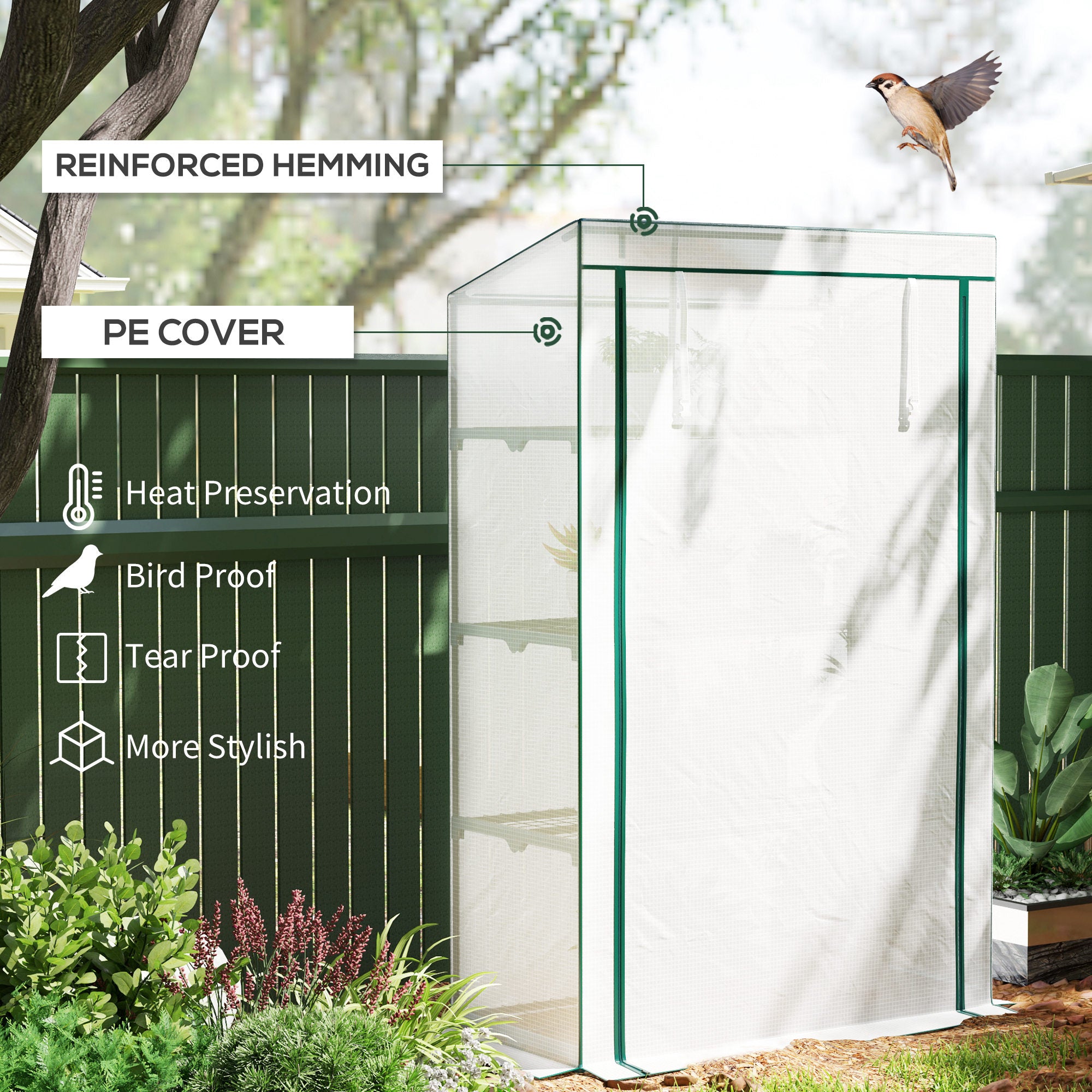 Outsunny 4 Tier Lean-to Mini Greenhouse with Reinforced PE Cover, Portable Small Greenhouse with Roll-Up Door, Green Hemmed Edging, 110 x 50 x 171cm, Green - North Peak Garden Furniture