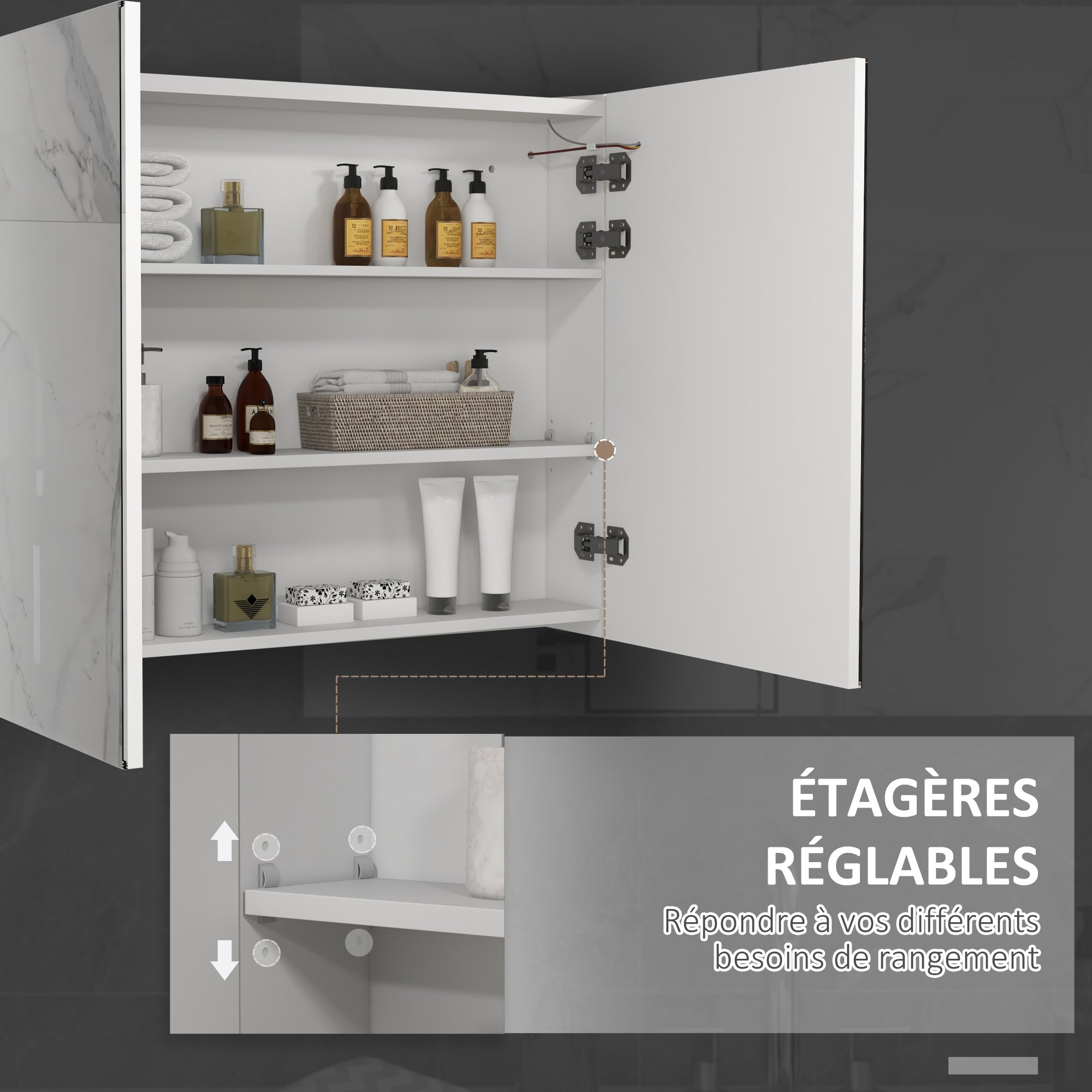 kleankin Bathroom Mirror Cabinet with Light, Bathroom Storage Cupboard with Adjustable Shelf, USB Powered, 90x15x70cm, White - North Peak Garden Furniture