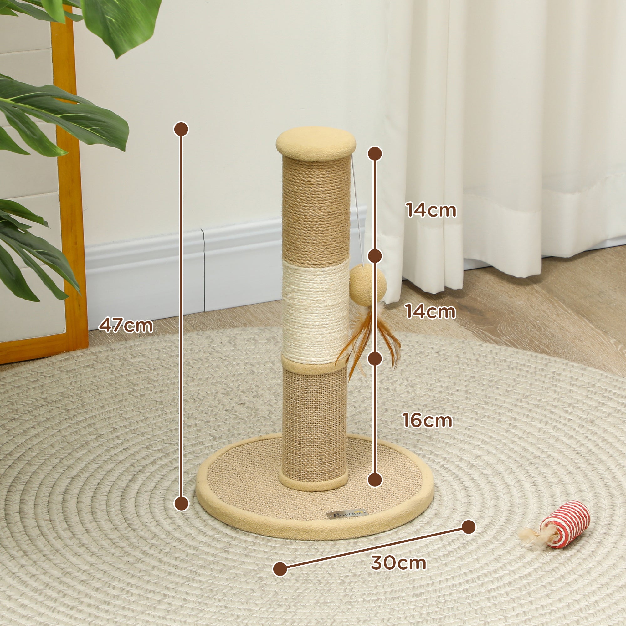 PawHut Cat Scratching Post for Indoor Cats, 47cm Tall Cat Scratcher with Jute Sisal Rope, Hanging Toy Ball, Feather, Brown - North Peak Garden Furniture