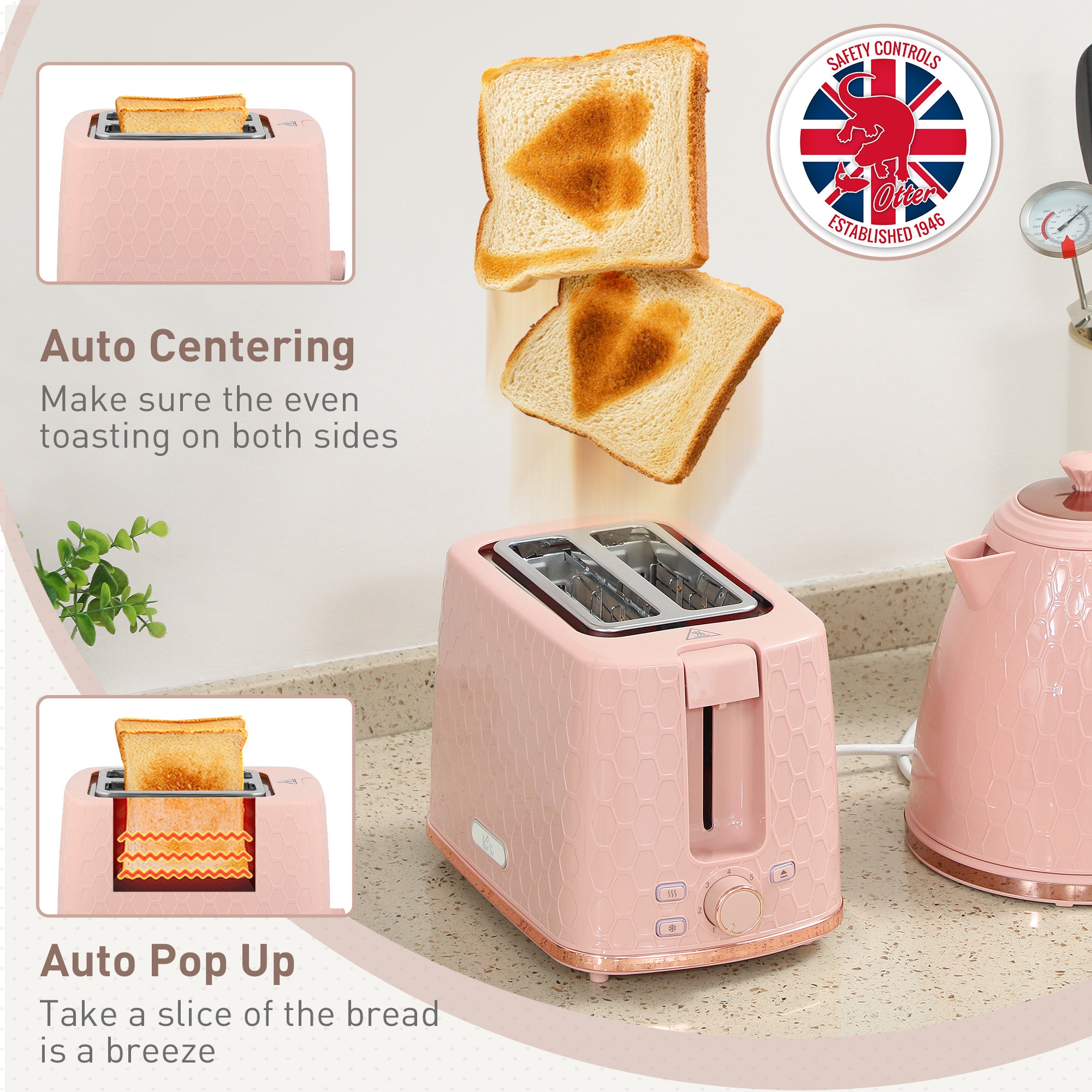 HOMCOM 1.7L 3000W Fast Boil Kettle & 2 Slice Toaster Set, Kettle and Toaster Set with Auto Shut Off, Browning Controls, Light Pink