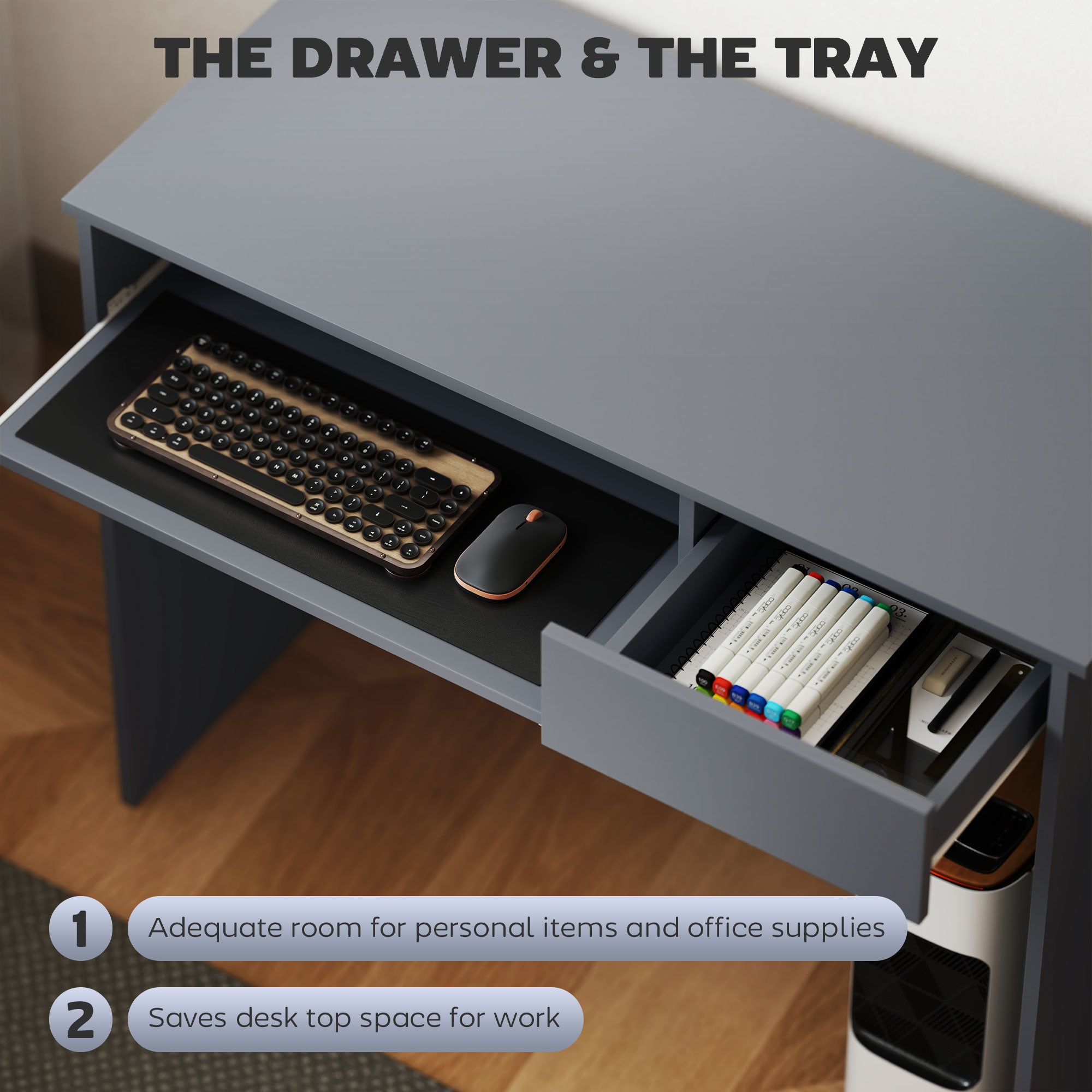 HOMCOM 100cm Compact Computer Desk with Keyboard Tray, Home Office Desk with Drawer for Bedroom Study, Grey - North Peak Garden Furniture