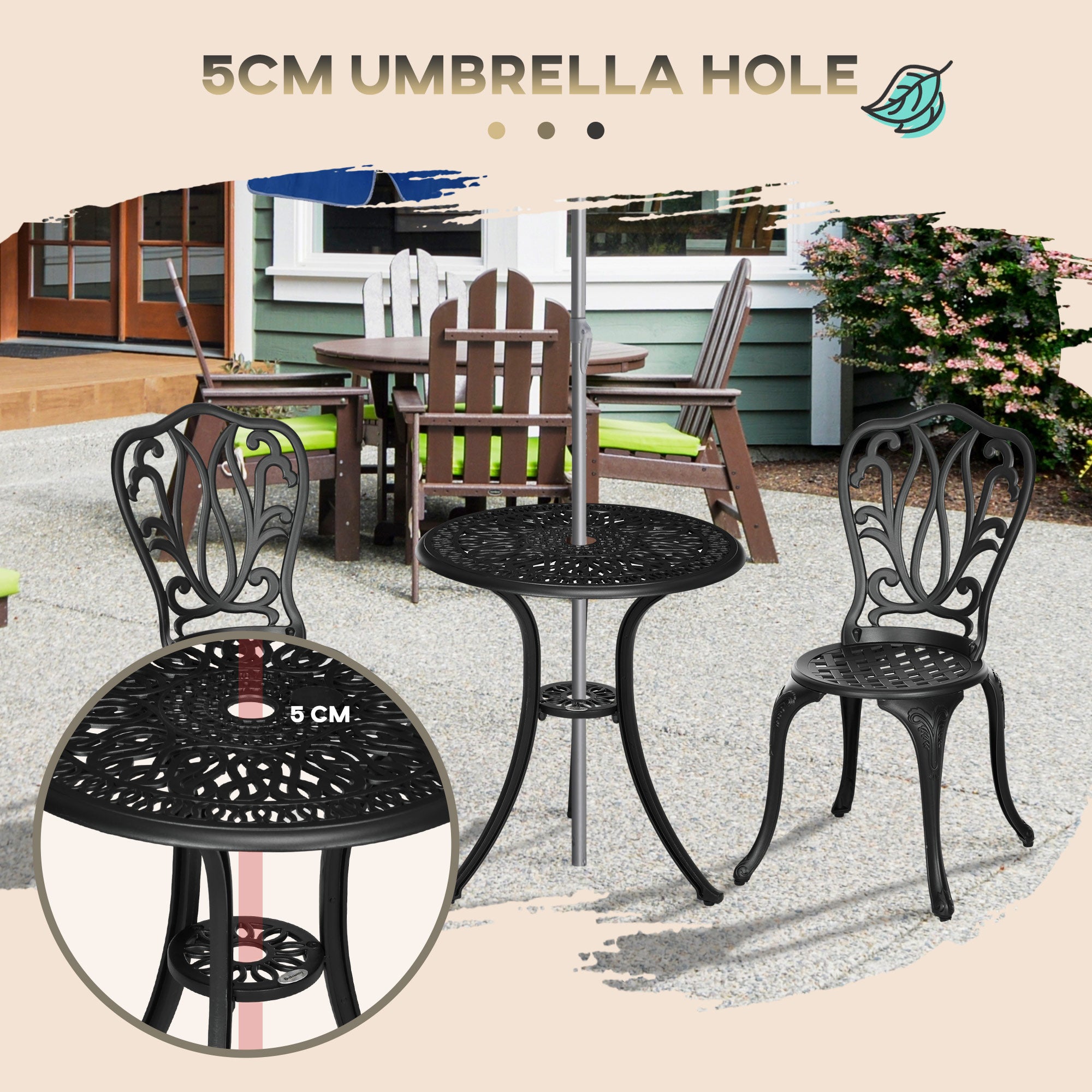 Outsunny 3 Piece Garden Bistro Set, Cast Aluminium Outdoor Furniture Set with Umbrella Hole for Balcony, Porch, Patio, Black - North Peak Garden Furniture