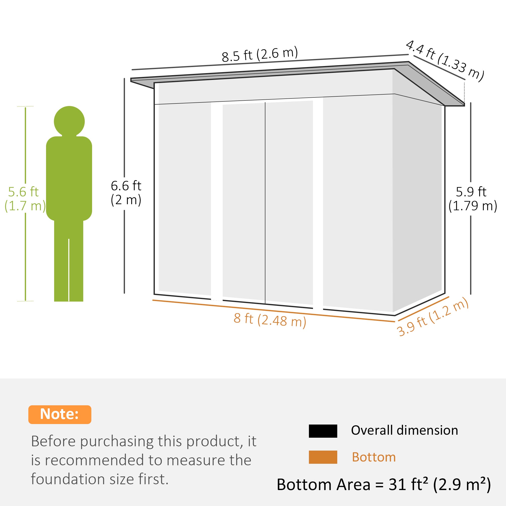 Outsunny Metal Garden Storage Shed, Tool Storage House with Double Sliding Doors and Lightsky Panels, 8.5 x 4ft