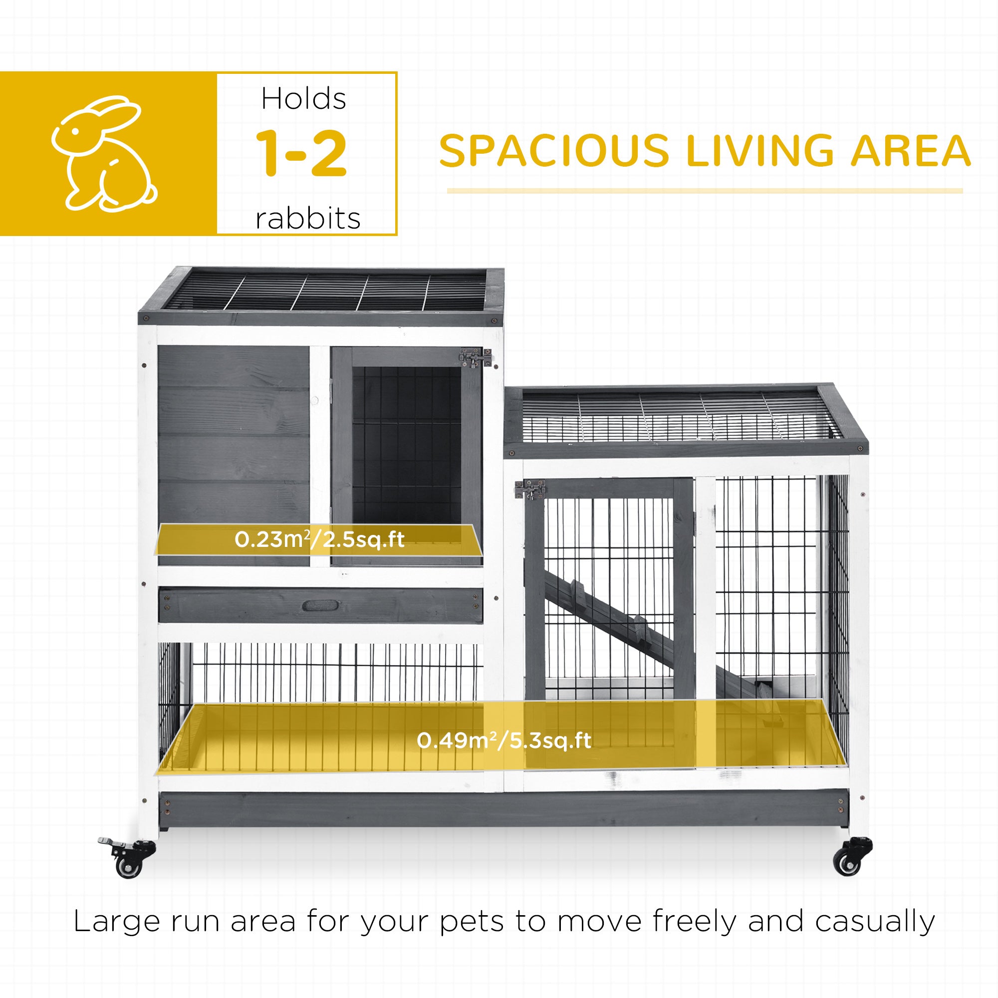 PawHut Wooden Indoor Rabbit Hutch Guinea Pig House Bunny Small Animal Cage W/ Wheels Enclosed Run 110 x 50 x 88 cm, Grey - North Peak Garden Furniture