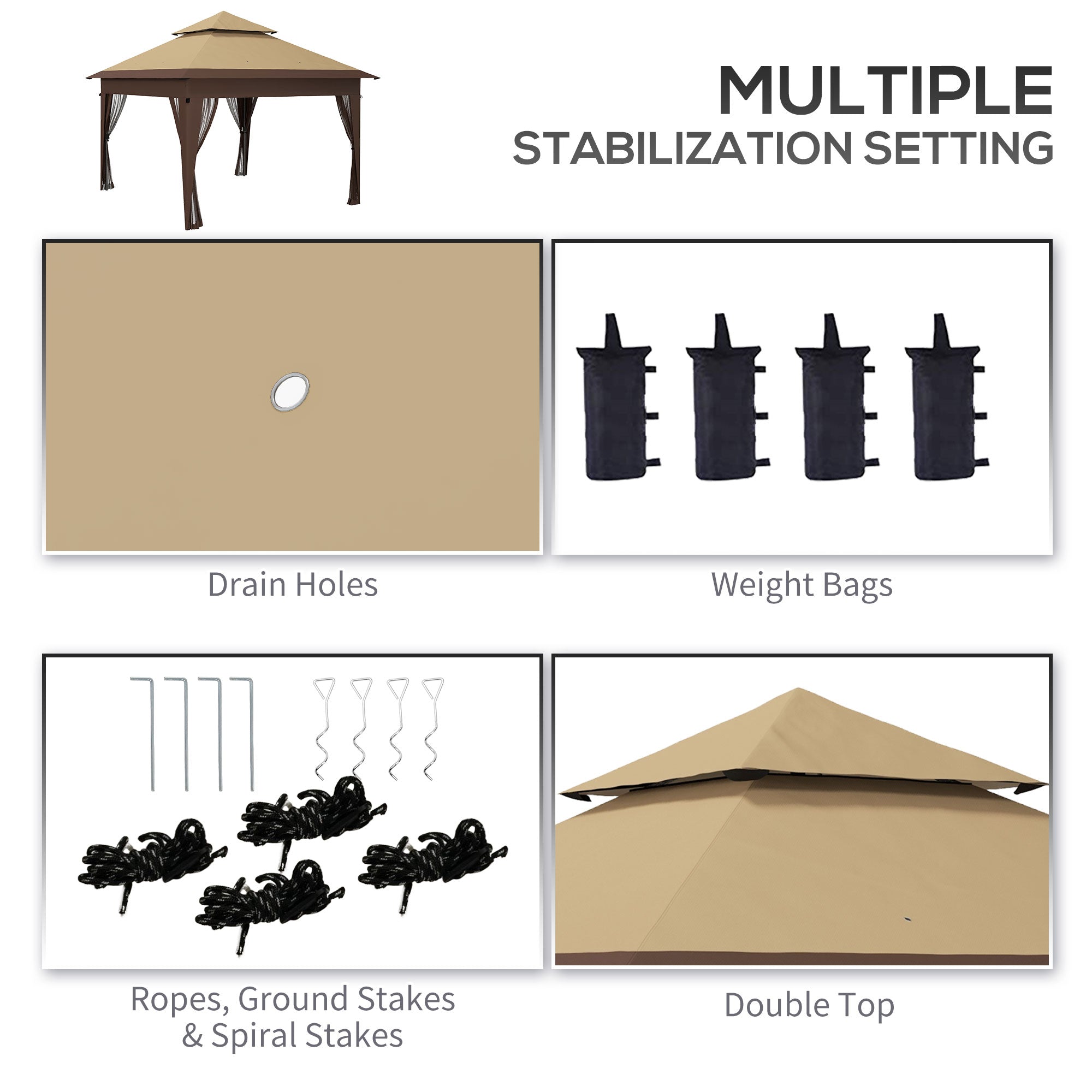 Outsunny 3 x 3(m) Pop Up Gazebo with Mosquito Netting, 1 Person Easy up Marquee Party Tent with 1-Button Push, Double Roof, Carry Bag, Sandbags, Height Adjustable Instant Shelter, Khaki - North Peak Garden Furniture