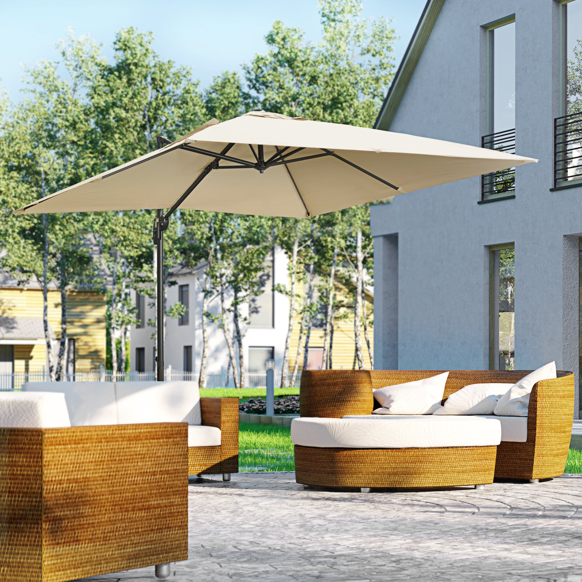 Outsunny 2.7 x 2.7 m Cantilever Parasol, Square Overhanging Umbrella with Cross Base, Crank Handle, Tilt, 360° Rotation and Aluminium Frame, Cream White - North Peak Garden Furniture