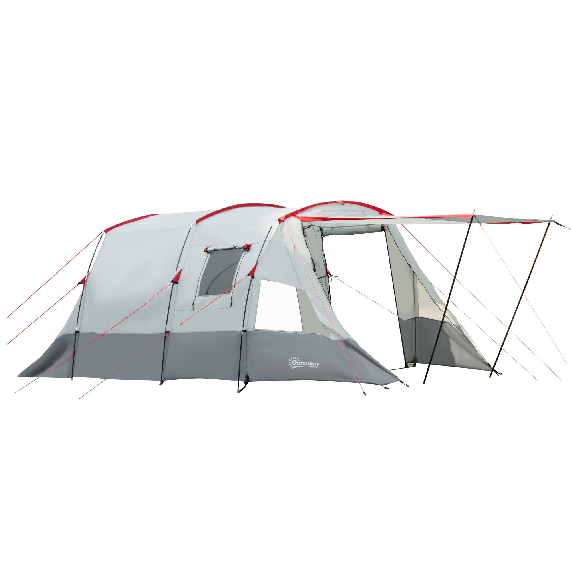 Outsunny 6-8 Person Tunnel Tent, Camping Tent with Bedroom, Living Room, Sewn-in Floor, 3 Doors and Carry Bag, 2000mm Water Column for Fishing, Hiking, Sports, and Traveling, Grey - North Peak Garden Furniture
