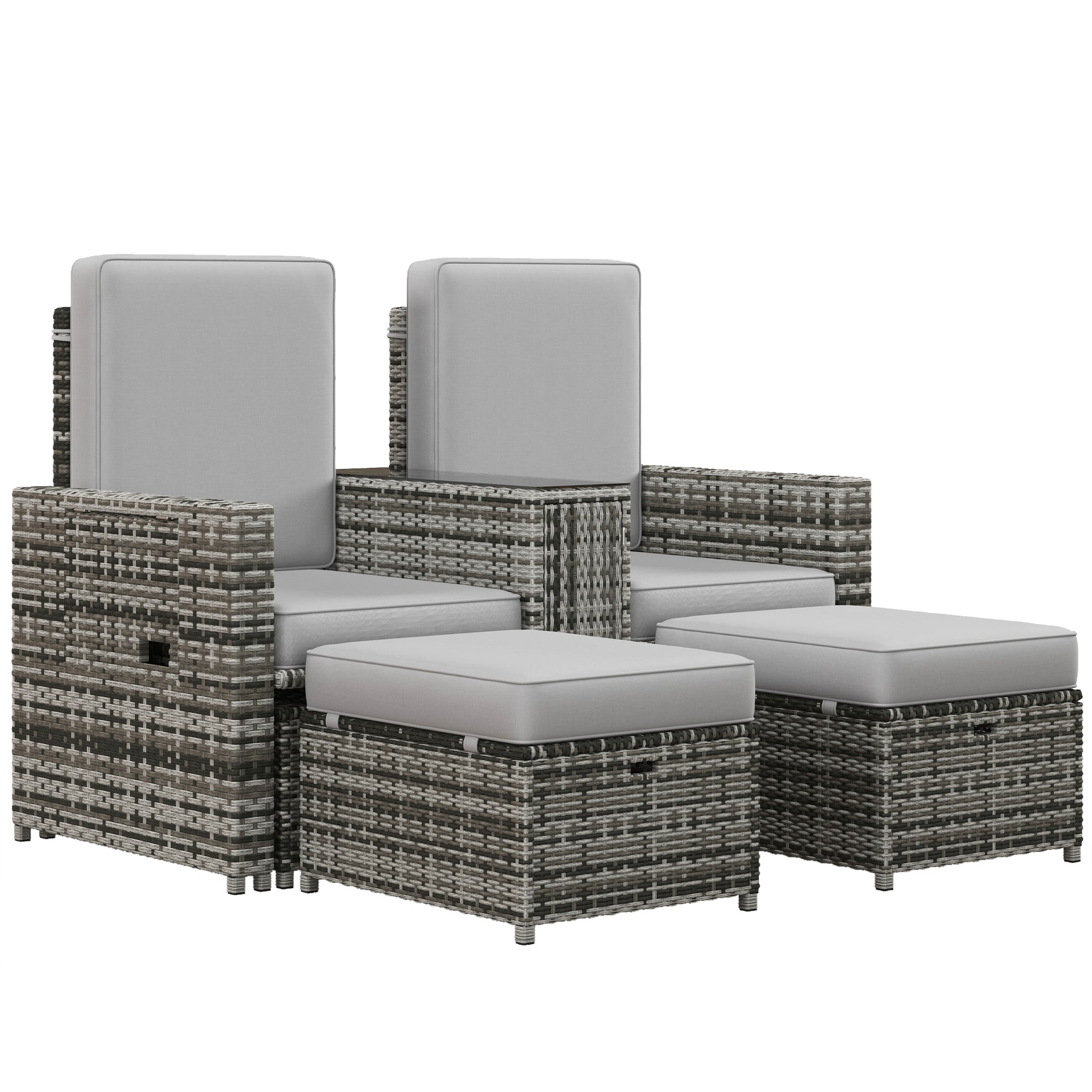 Outsunny Rattan Sun Lounger w/ Storage Tea Table & Footstools, Grey - North Peak Garden Furniture