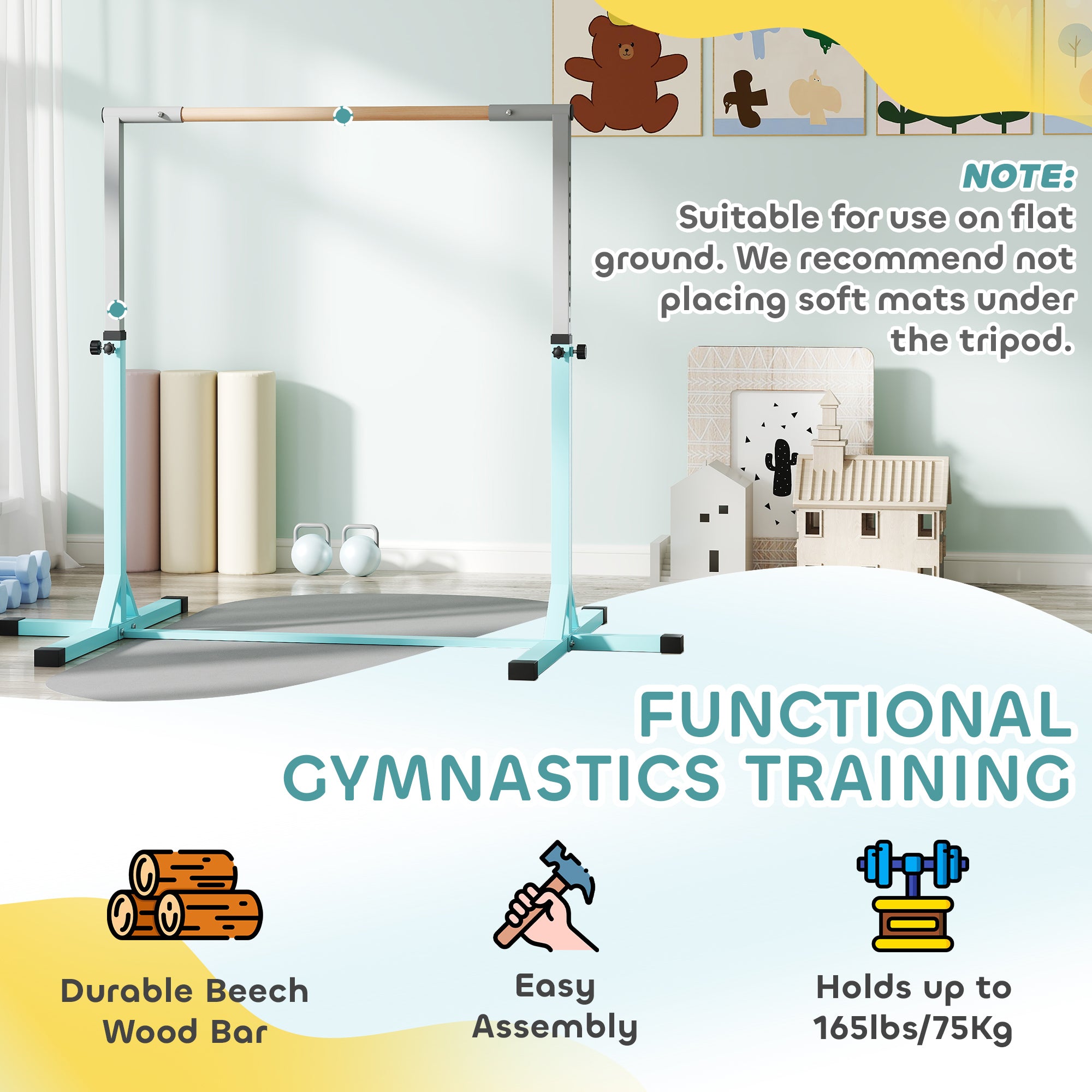 HOMCOM Height Adjustable Gymnastics Horizontal Bar for Kids, Children Junior Kip High Bar Fitness, Light Blue - North Peak Garden Furniture