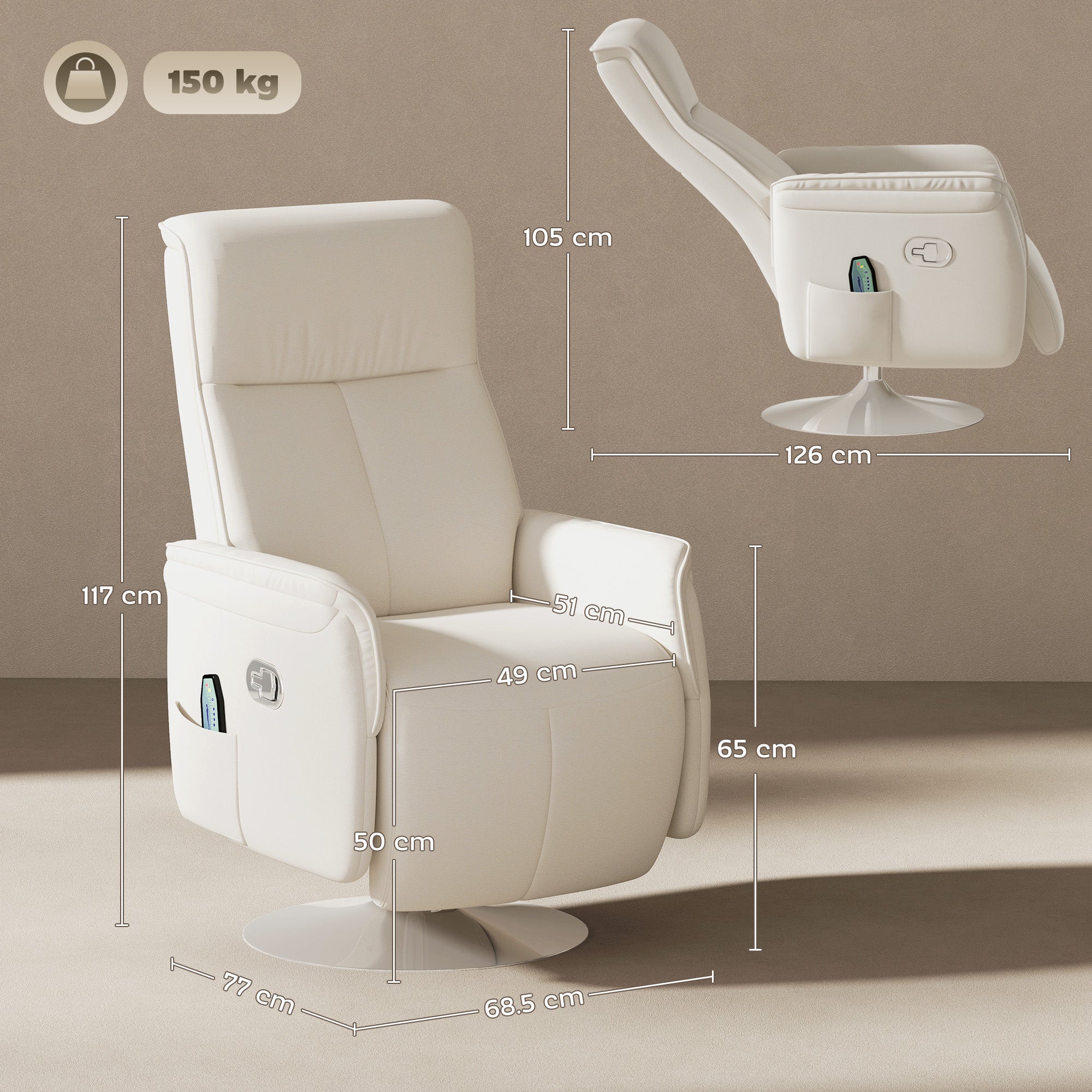 HOMCOM 10-Point Massage Recliner Armchair - Cream - North Peak Garden Furniture